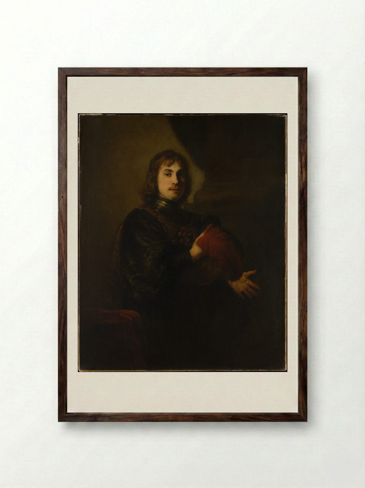 Portrait of a Man with a Breastplate and Plumed Hat - Rembrandt van Rijn - Framed Print Dark Wood