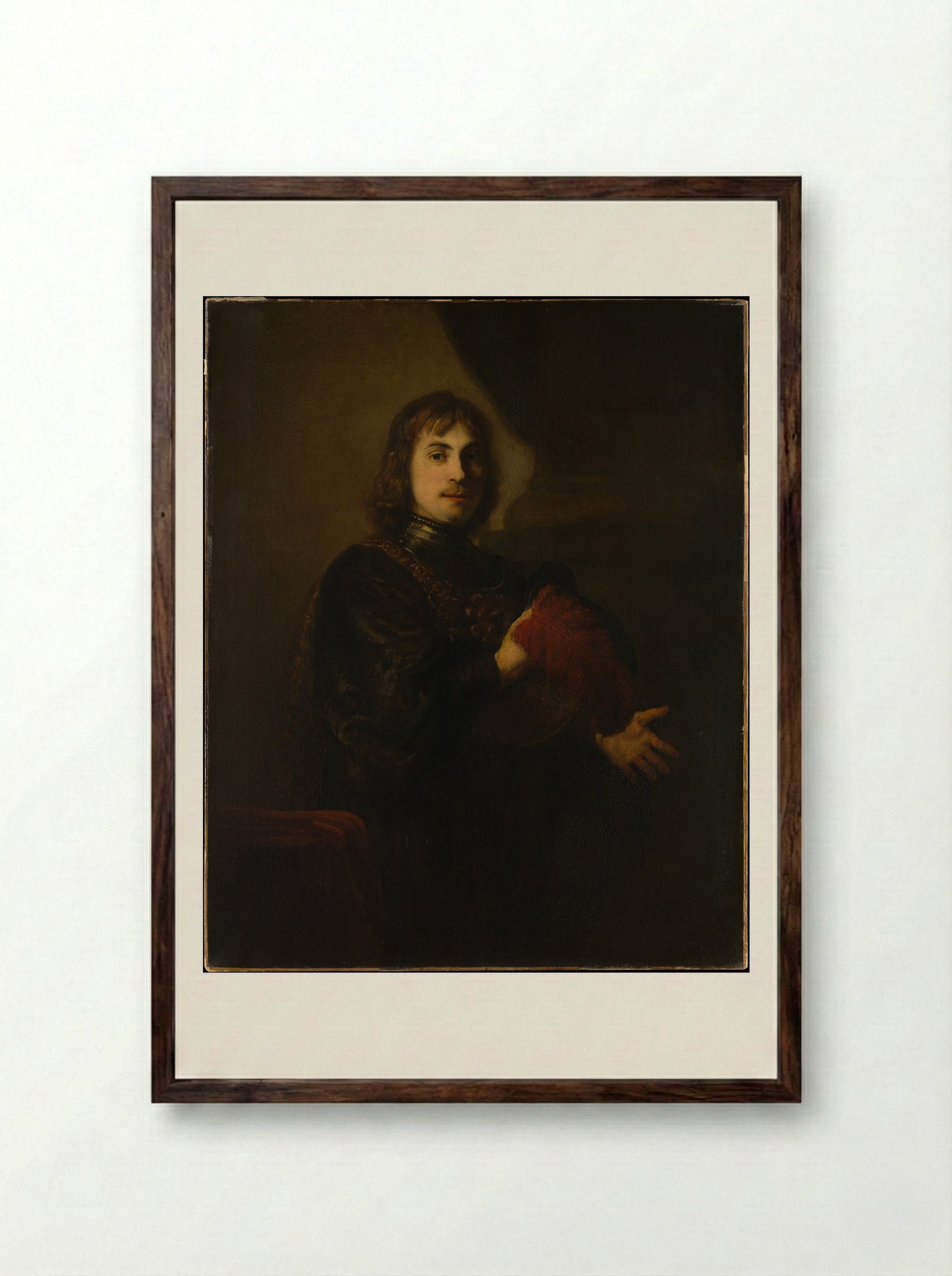Portrait of a Man with a Breastplate and Plumed Hat - Rembrandt van Rijn - Framed Print Dark Wood