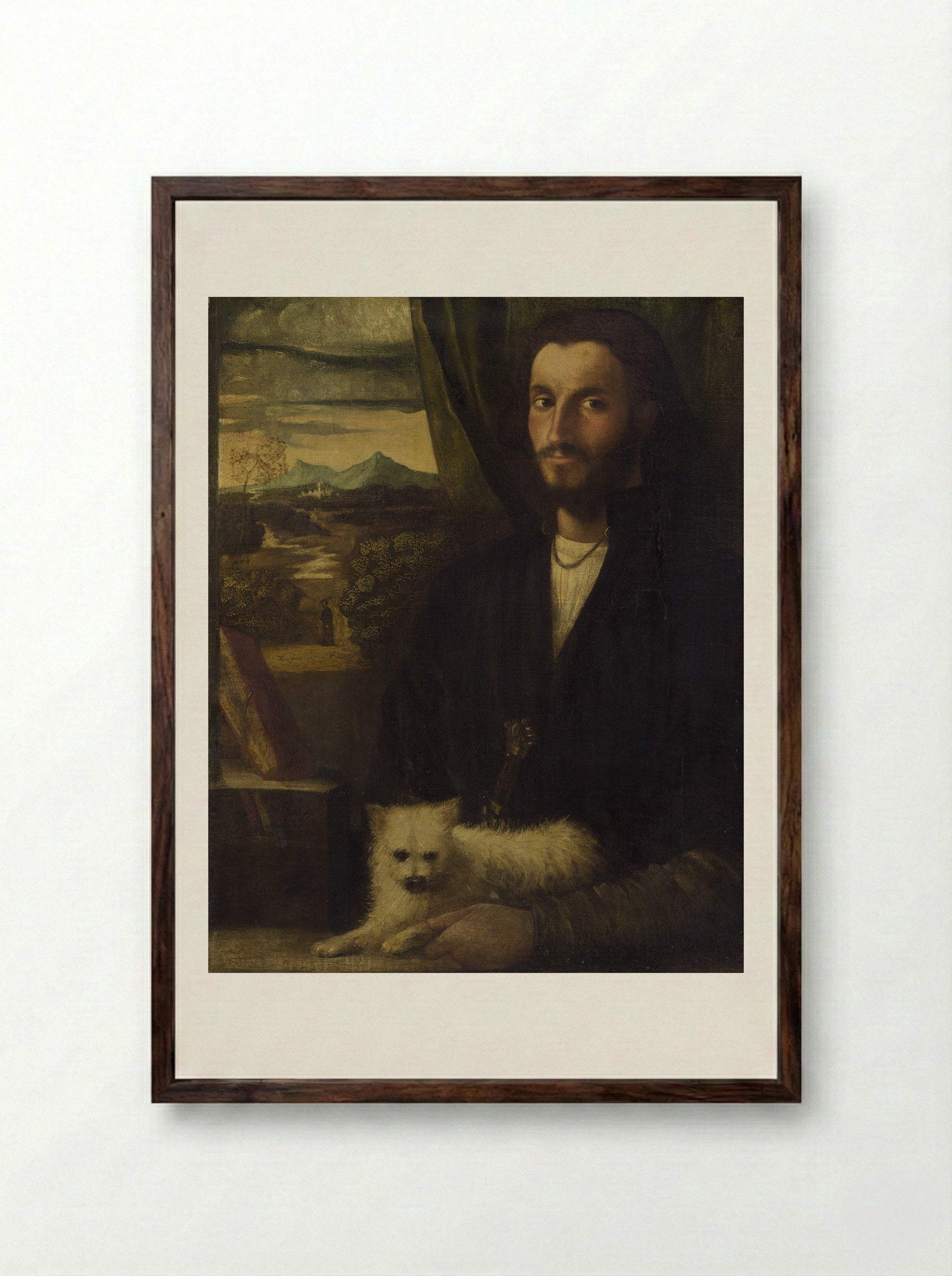 Portrait of a Man with a Dog - Giovanni Cariani - Framed Print Dark Wood