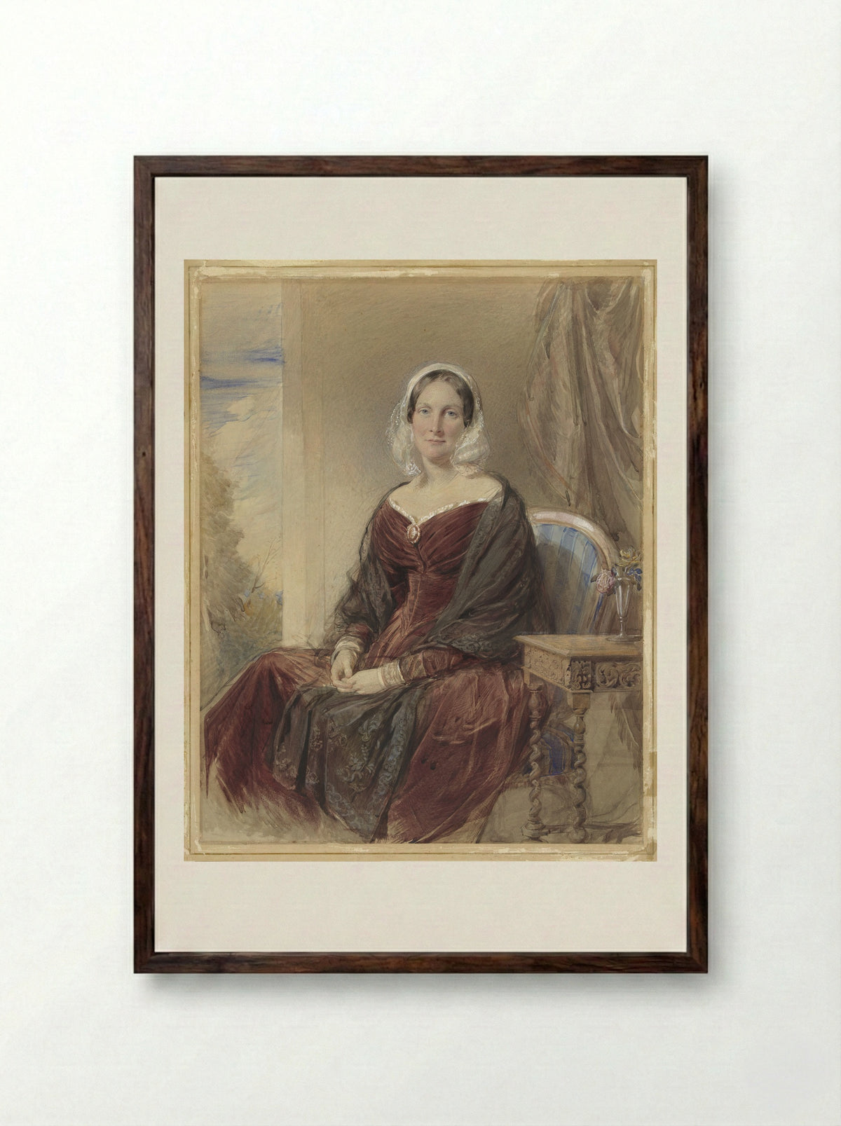 Portrait of a Seated Lady by a Window - George Richmond - Framed Print Dark Wood