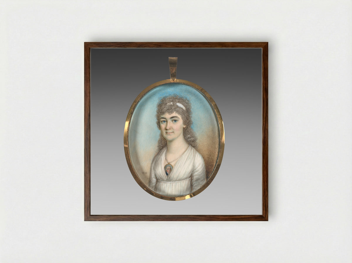 Portrait of a Woman Wearing a Miniature - Thomas Hazlehurst - Framed Print Dark Wood