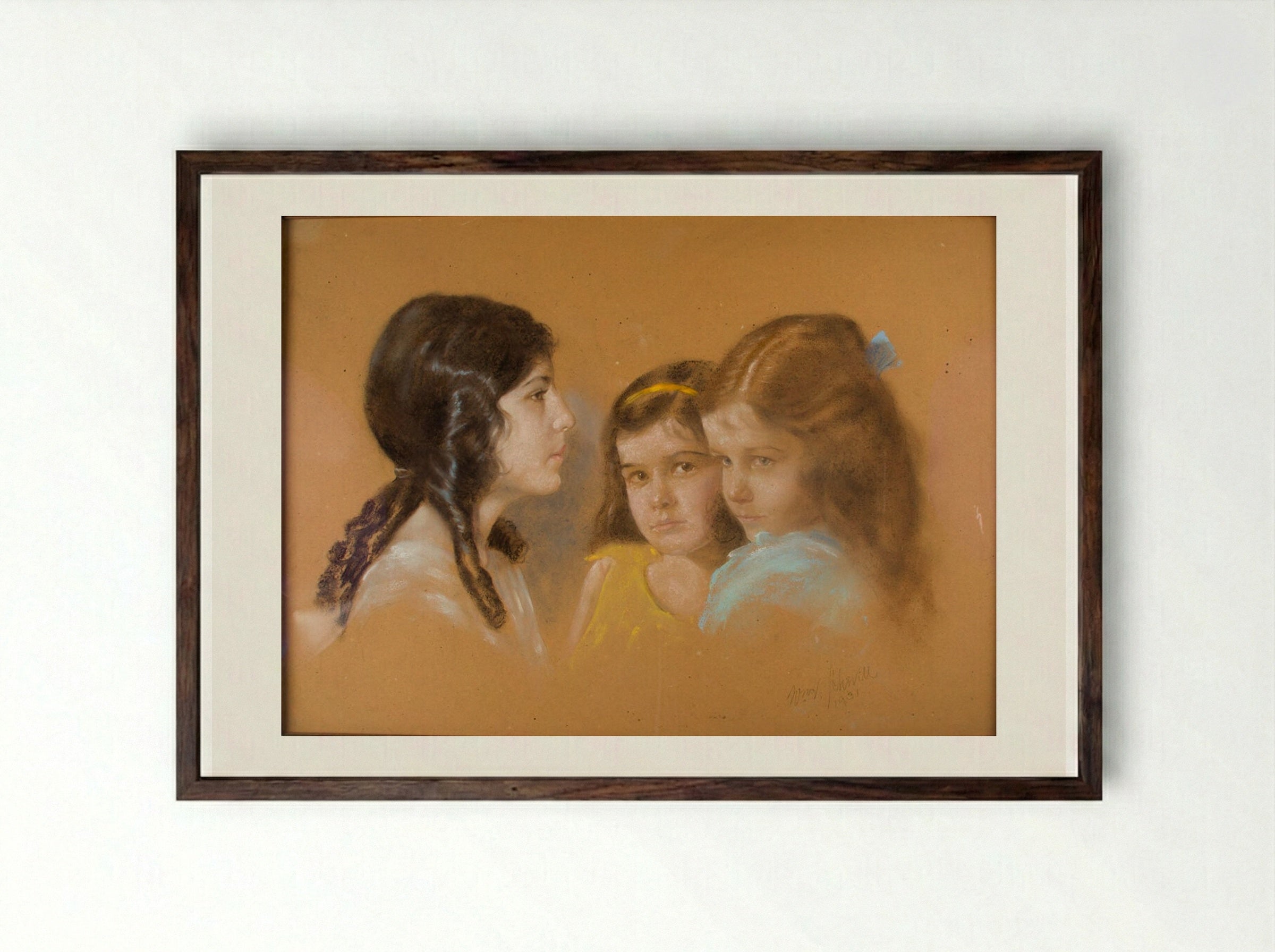 Portrait of a Woman and Two Children - William Valentine Schevill - Framed Print Dark Wood