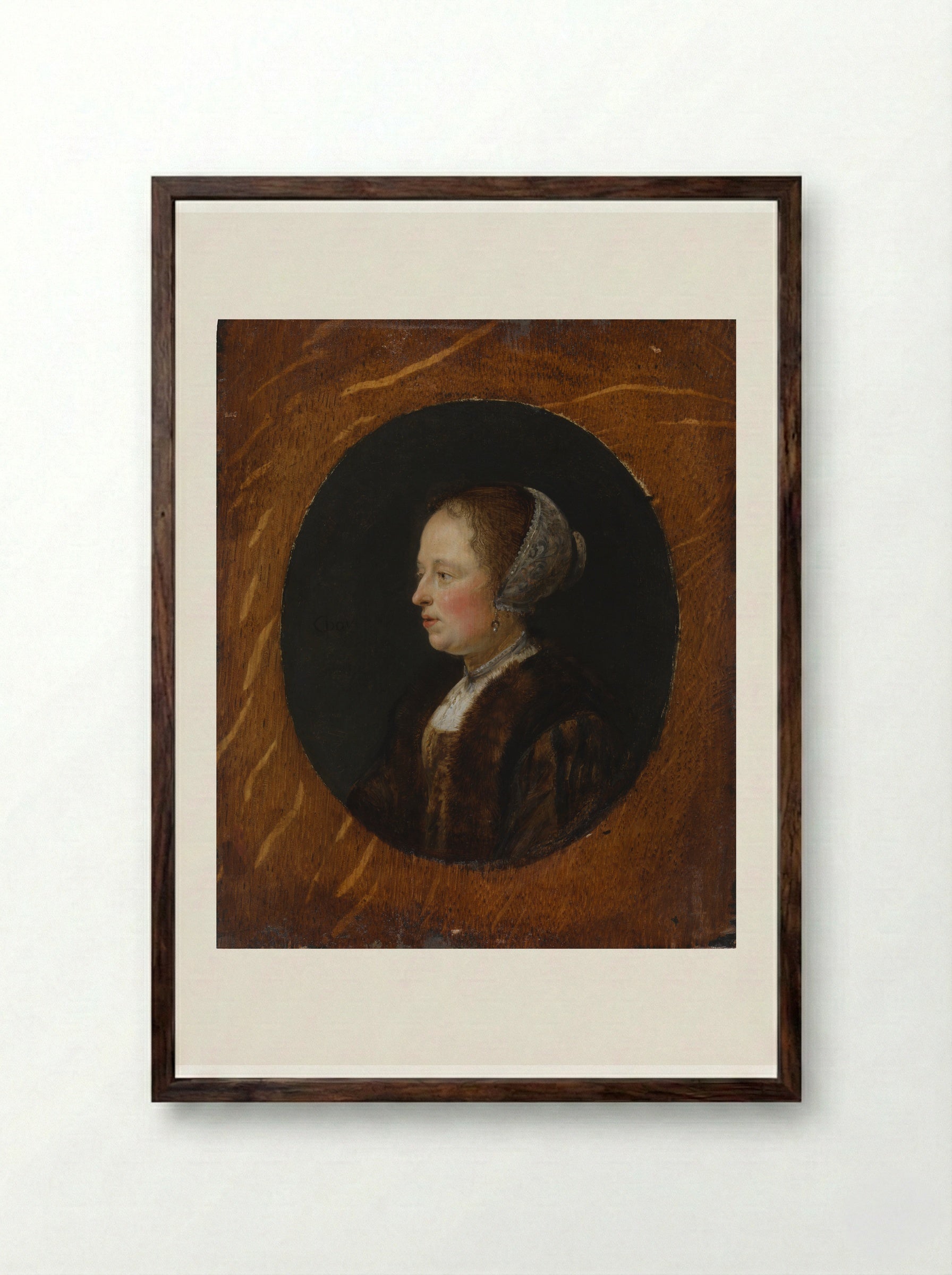 Portrait of a Woman - Gerrit Dou - Framed Print Dark Wood