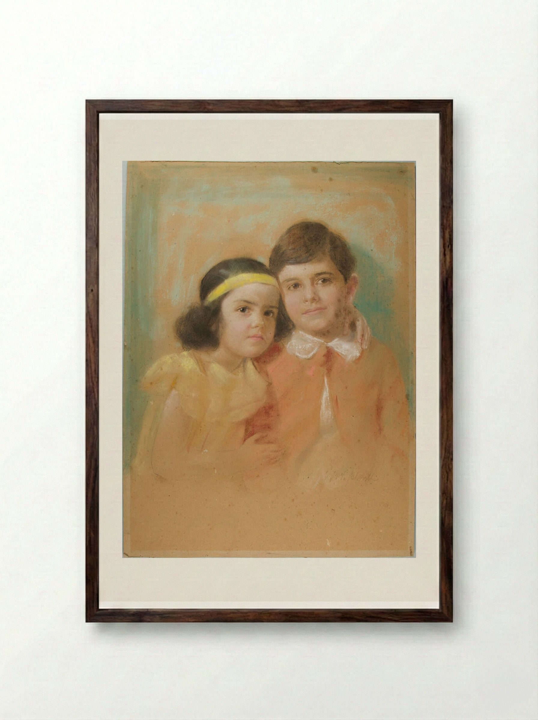 Portrait of a Young Girl and Boy - William Valentine Schevill - Framed Print Dark Wood