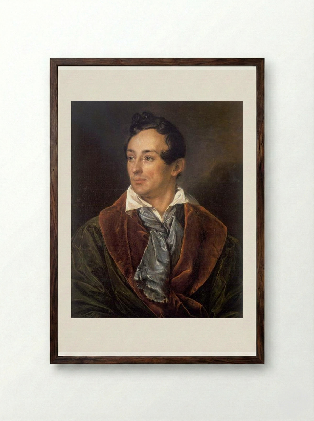 Portrait of a Young Man in a Green Robe - Vasily Tropinin - Framed Print Dark Wood