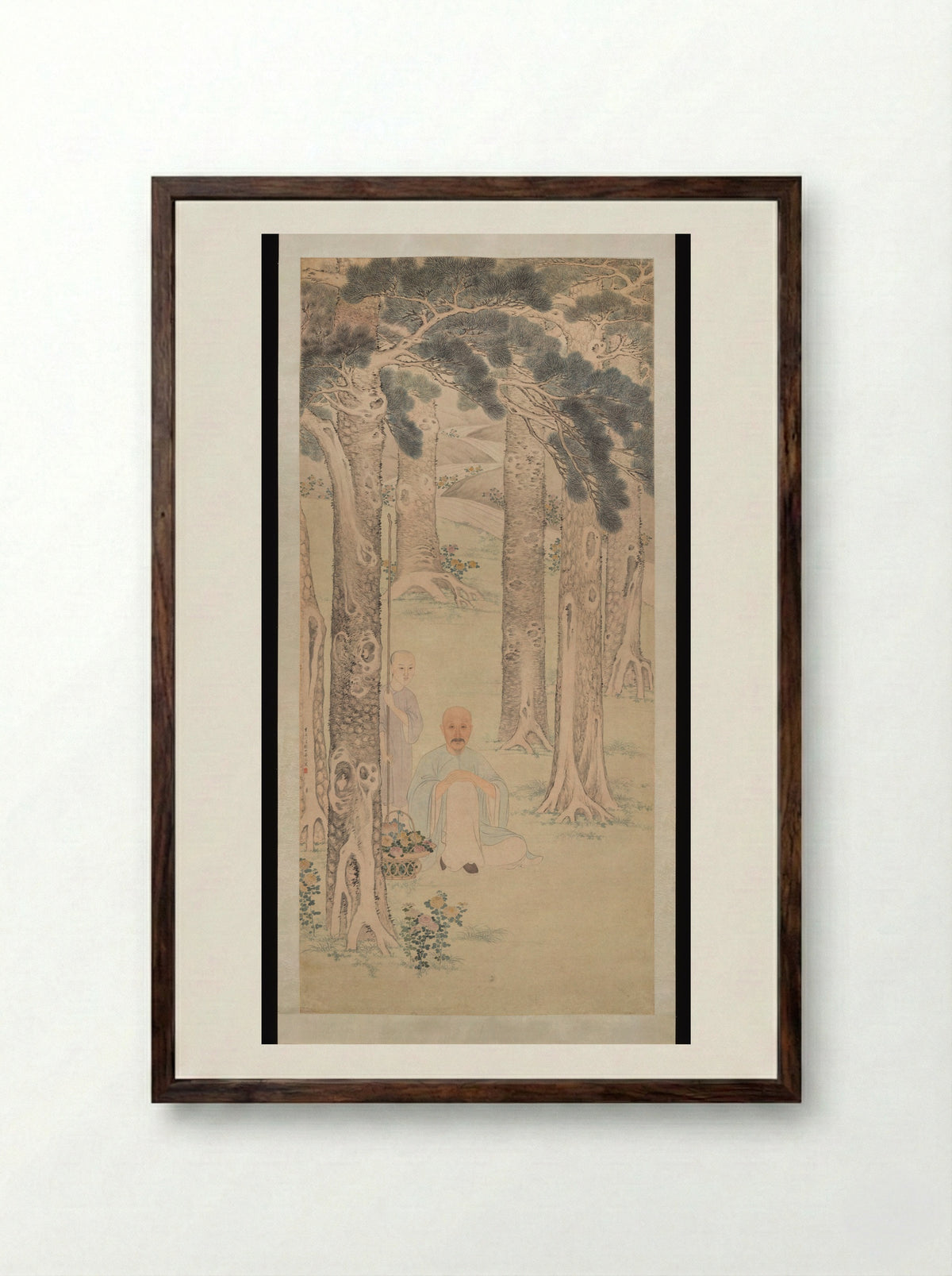 Portrait of a gentleman gathering chrysanthemums - Hua Guan - Framed Print Dark Wood