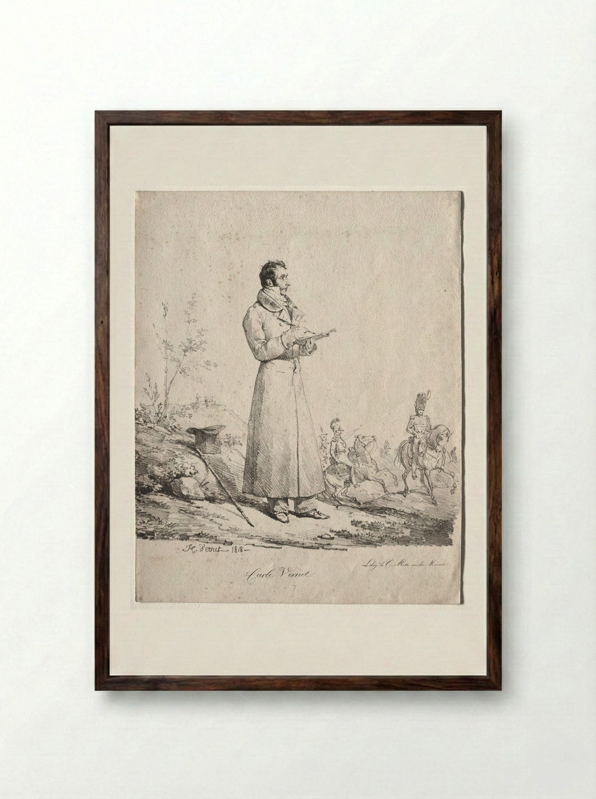 Portrait of an Officer Sketching - Antoine-Charles-Horace Vernet - Framed Print Dark Wood