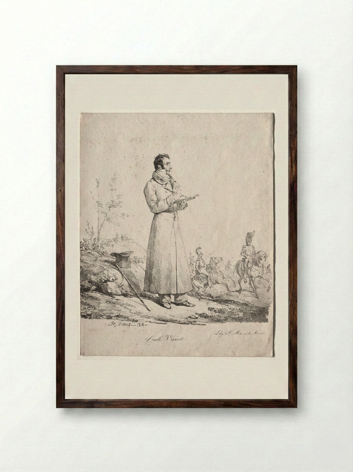 Portrait of an Officer Sketching - Antoine-Charles-Horace Vernet - Framed Print Dark Wood