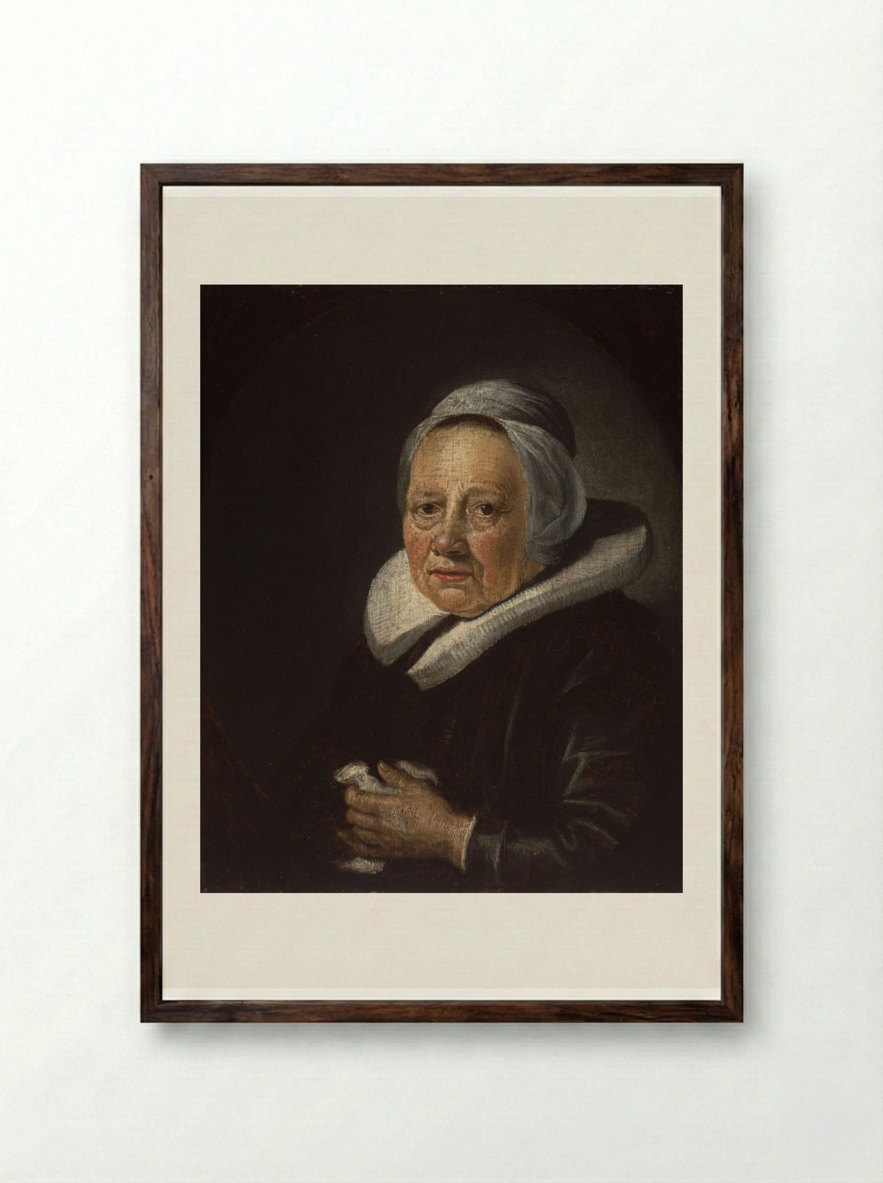 Portrait of an Old Woman - Gerrit Dou - Framed Print Dark Wood