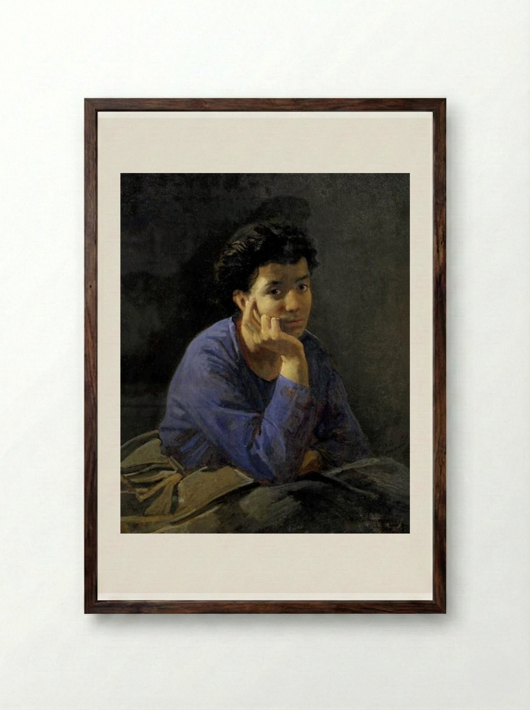 Portrait of an Unknown Woman in a Blue Blouse - Nikolai Ge - Framed Print Dark Wood