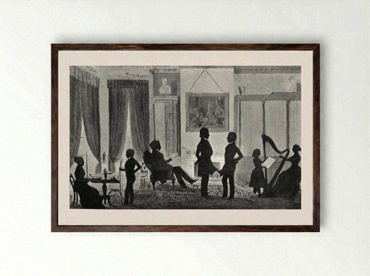 Portrait of the Abbott Lawrence Family in their Library, No. 5 Park Street, Boston - Auguste Edouart - Framed Print Dark Wood