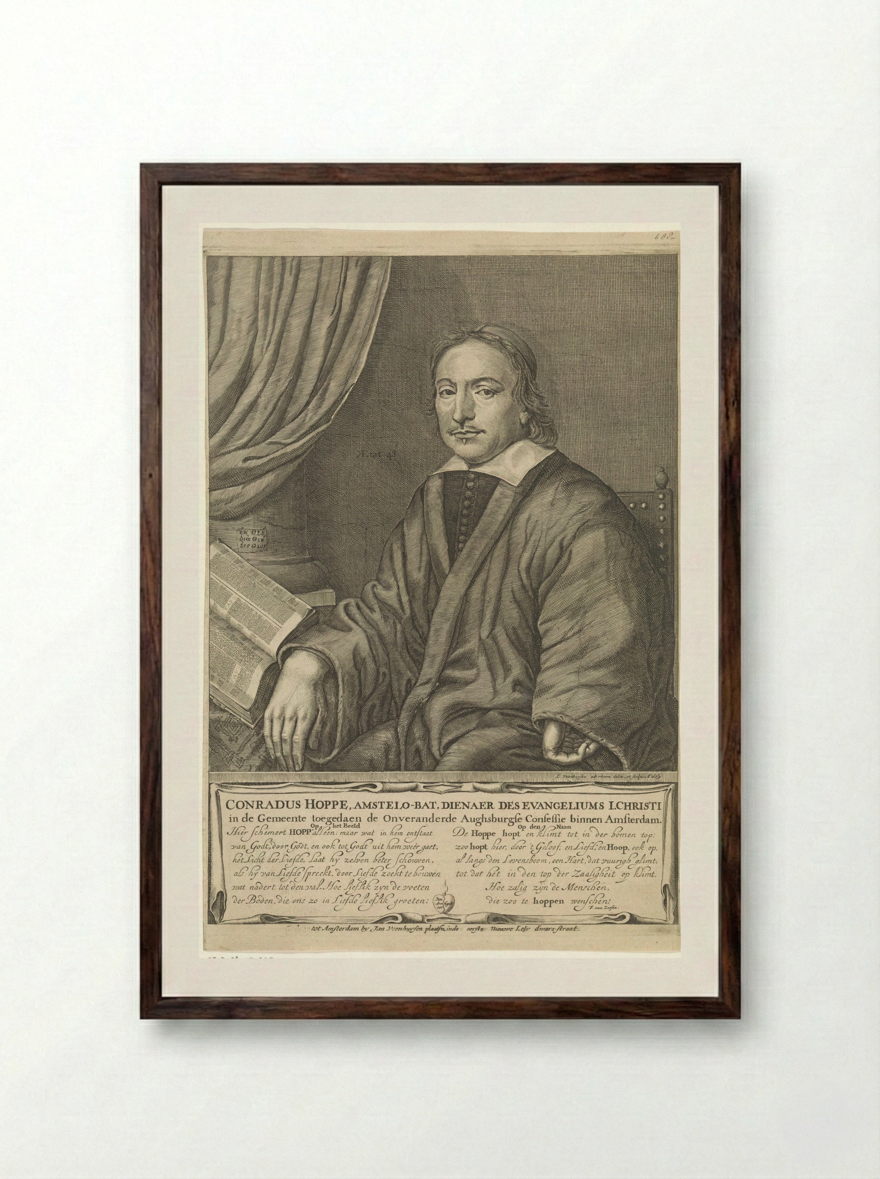Portrait of the Amsterdam Preacher Conradus Hoppe - Jan Veenhuysen - Framed Print Dark Wood