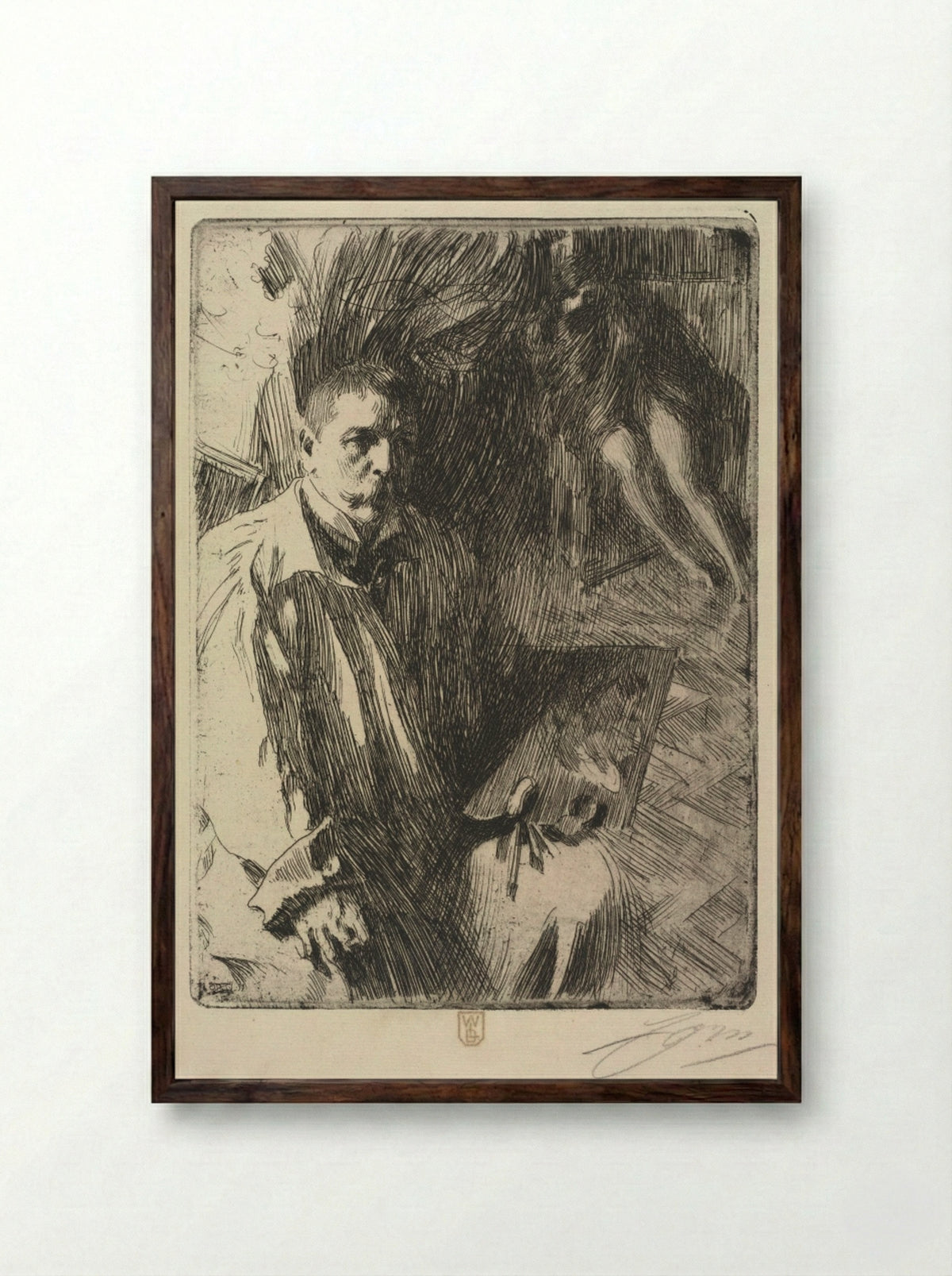 Portrait of the Artist and His Model - Anders Zorn - Framed Print Dark Wood