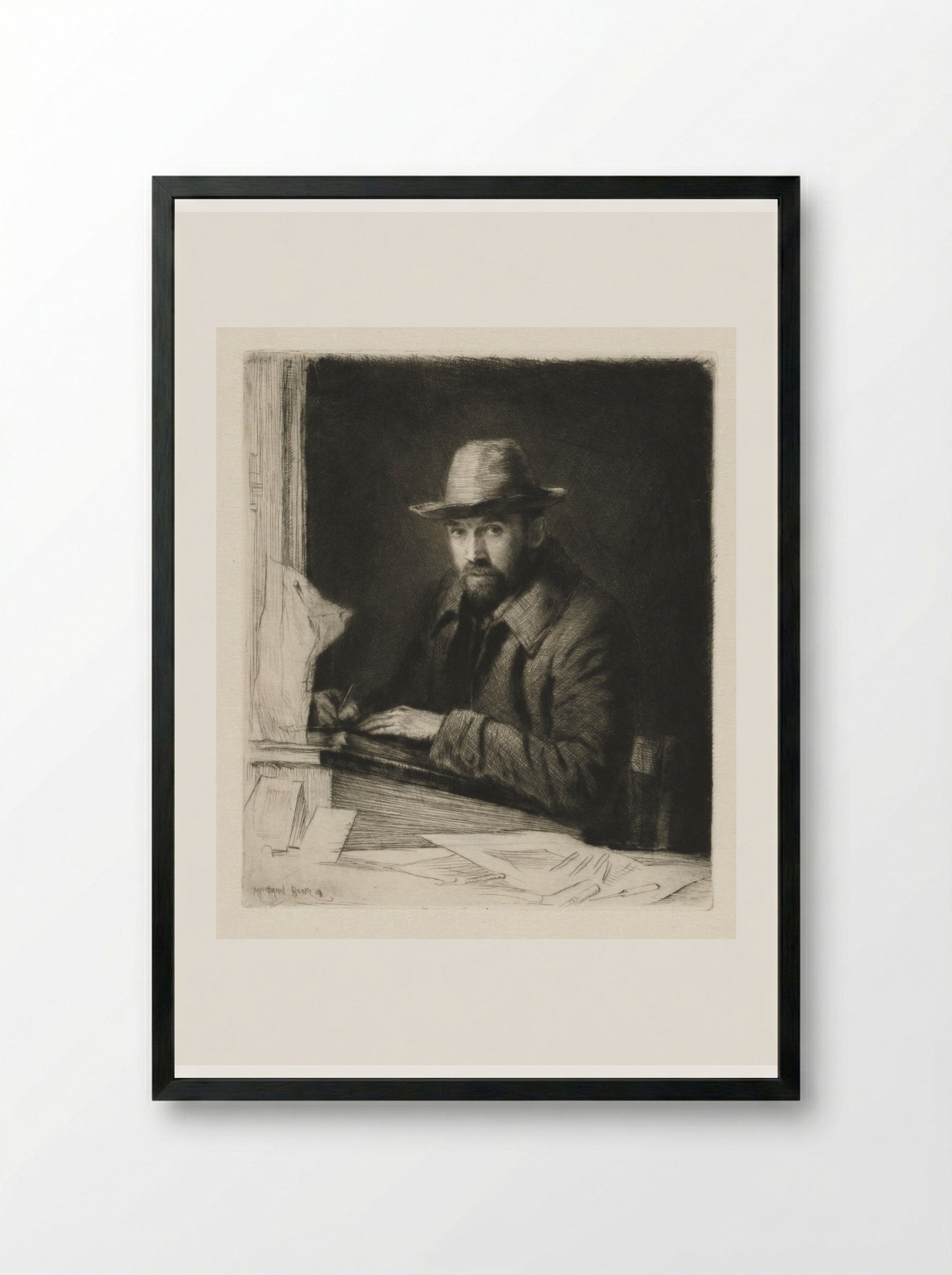 Portrait of the Artist in a Hat, No 2 - Muirhead Bone - Framed Print Black