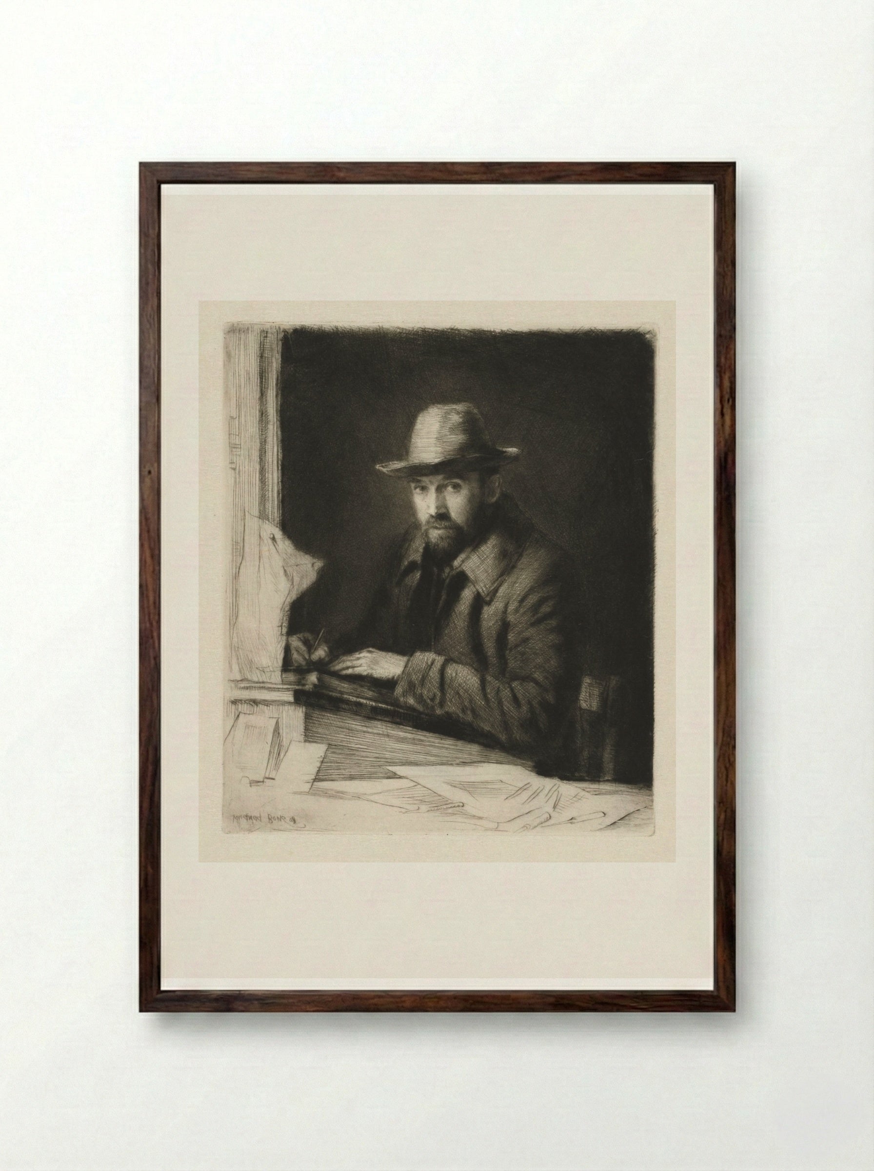 Portrait of the Artist in a Hat, No 2 - Muirhead Bone - Framed Print Dark Wood