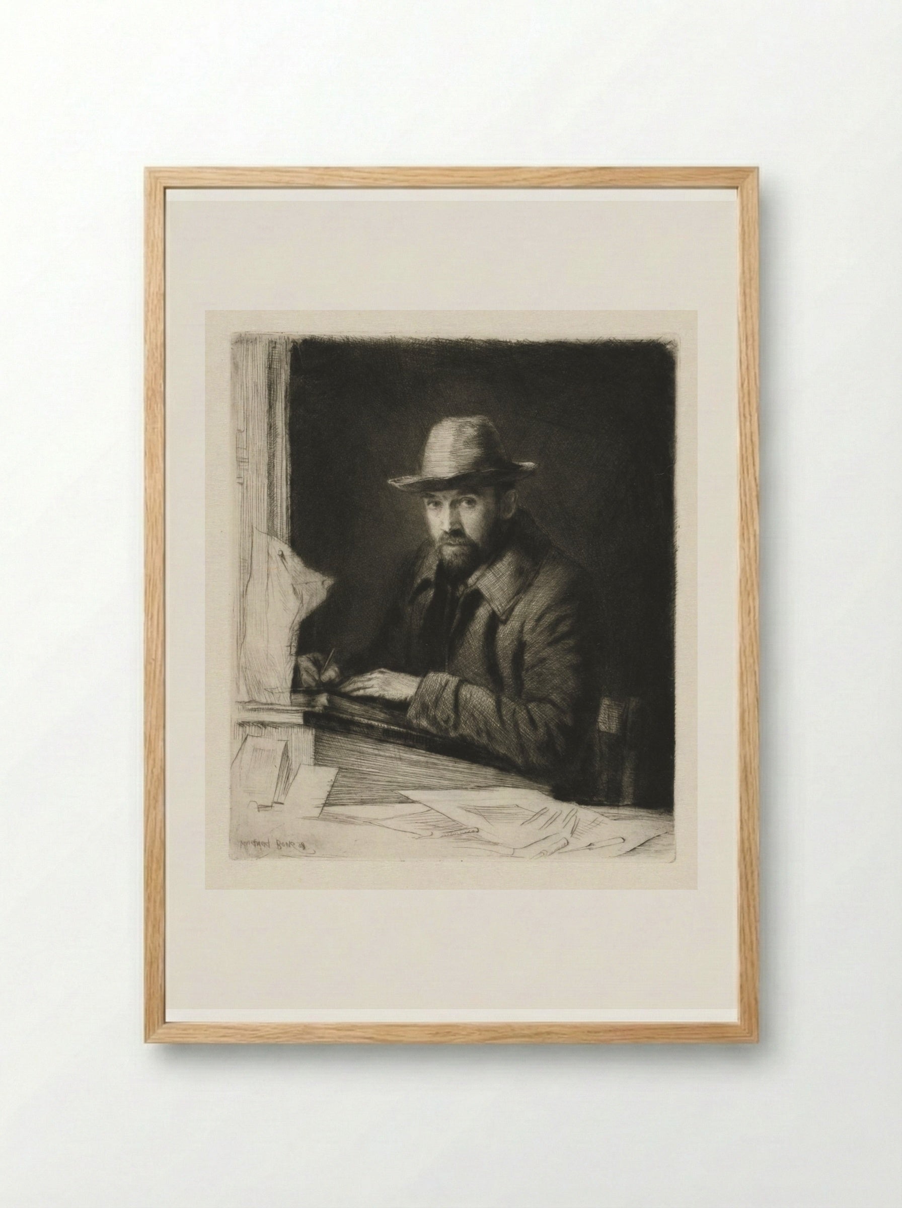 Portrait of the Artist in a Hat, No 2 - Muirhead Bone - Framed Print Wood