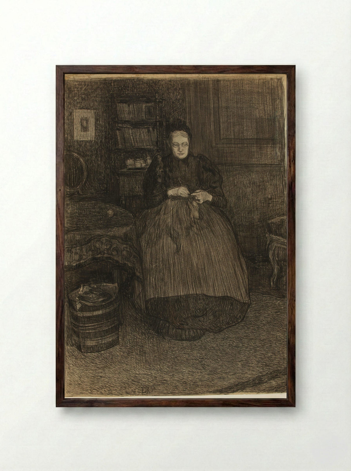 Portrait of the Artist's Mother Knitting in an Interior - Edzard Koning - Framed Print Dark Wood