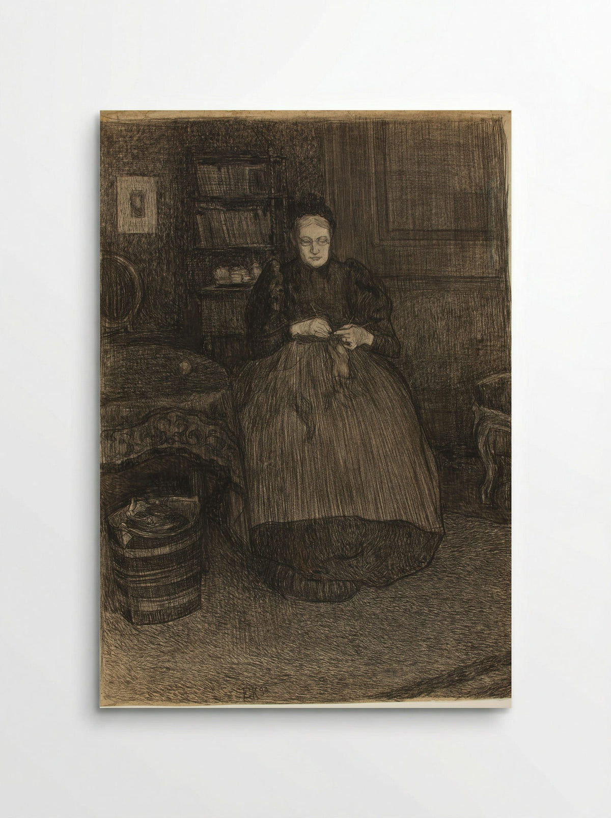 Portrait of the Artist's Mother Knitting in an Interior - Edzard Koning - Poster