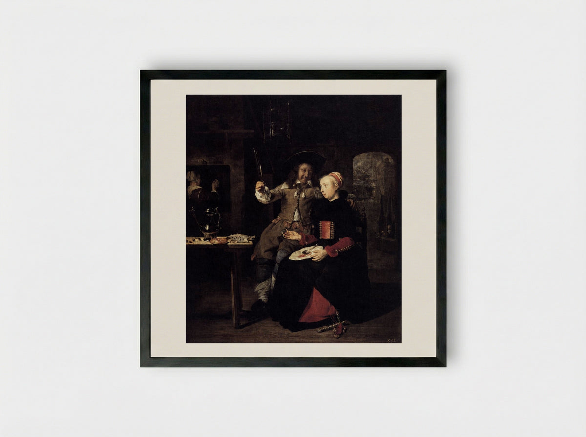 Portrait of the Artist with his Wife Isabella de Wolff in a Tavern - Gabriel Metsu - Framed Print Black