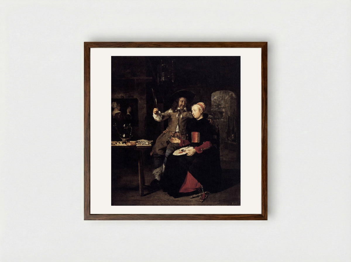 Portrait of the Artist with his Wife Isabella de Wolff in a Tavern - Gabriel Metsu - Framed Print Dark Wood