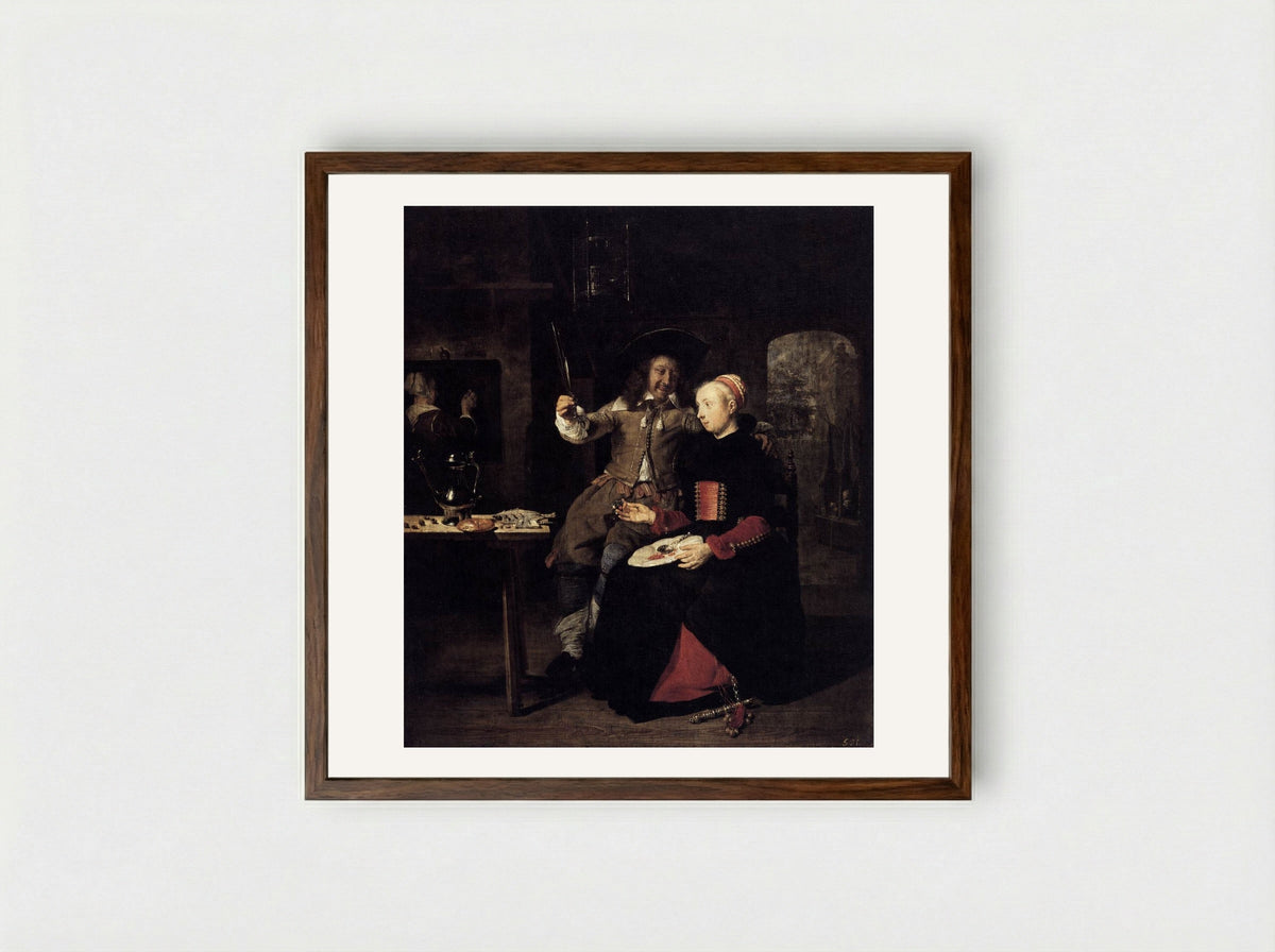 Portrait of the Artist with his Wife Isabella de Wolff in a Tavern - Gabriel Metsu - Framed Print Dark Wood