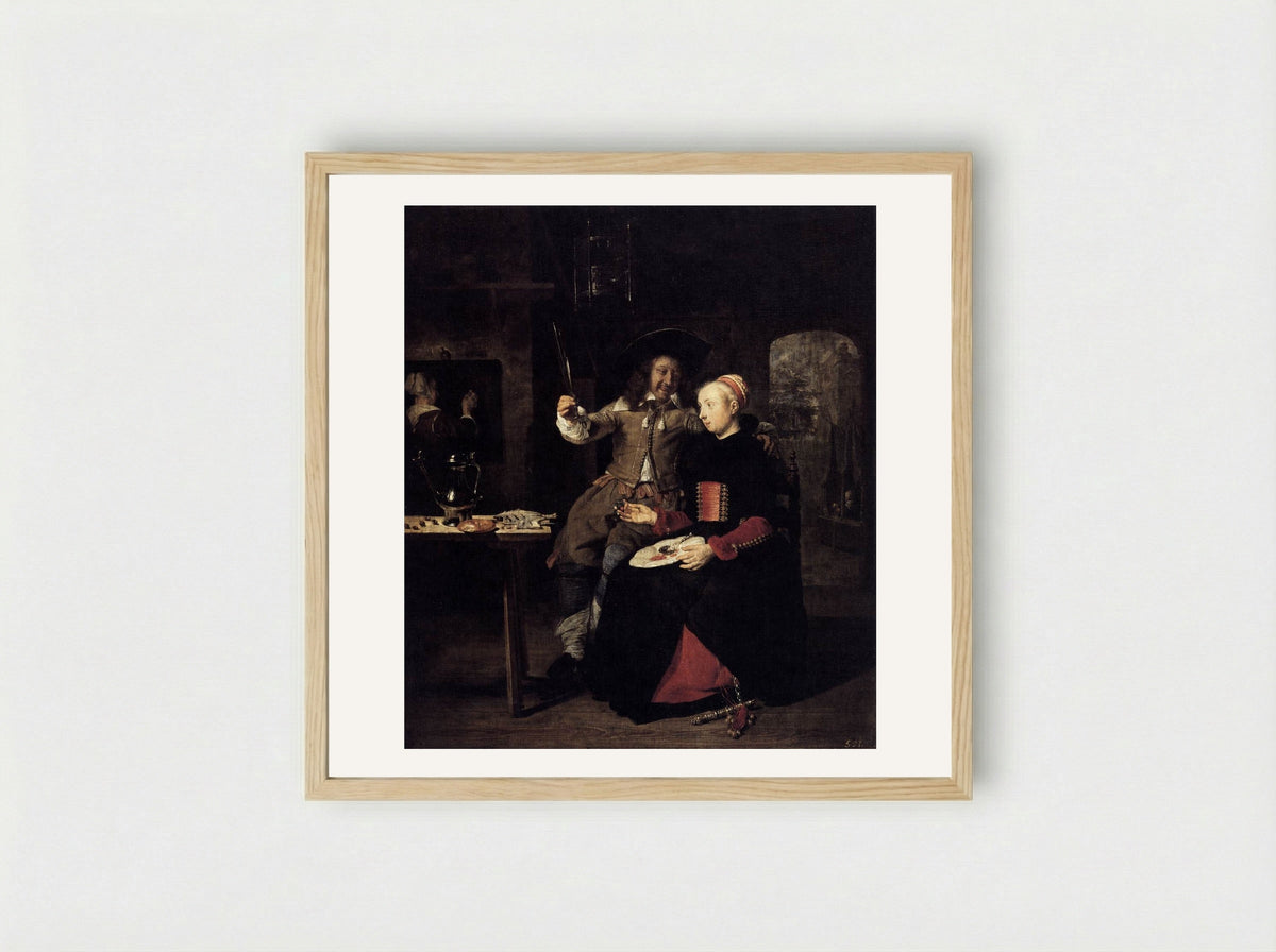 Portrait of the Artist with his Wife Isabella de Wolff in a Tavern - Gabriel Metsu - Framed Print Wood