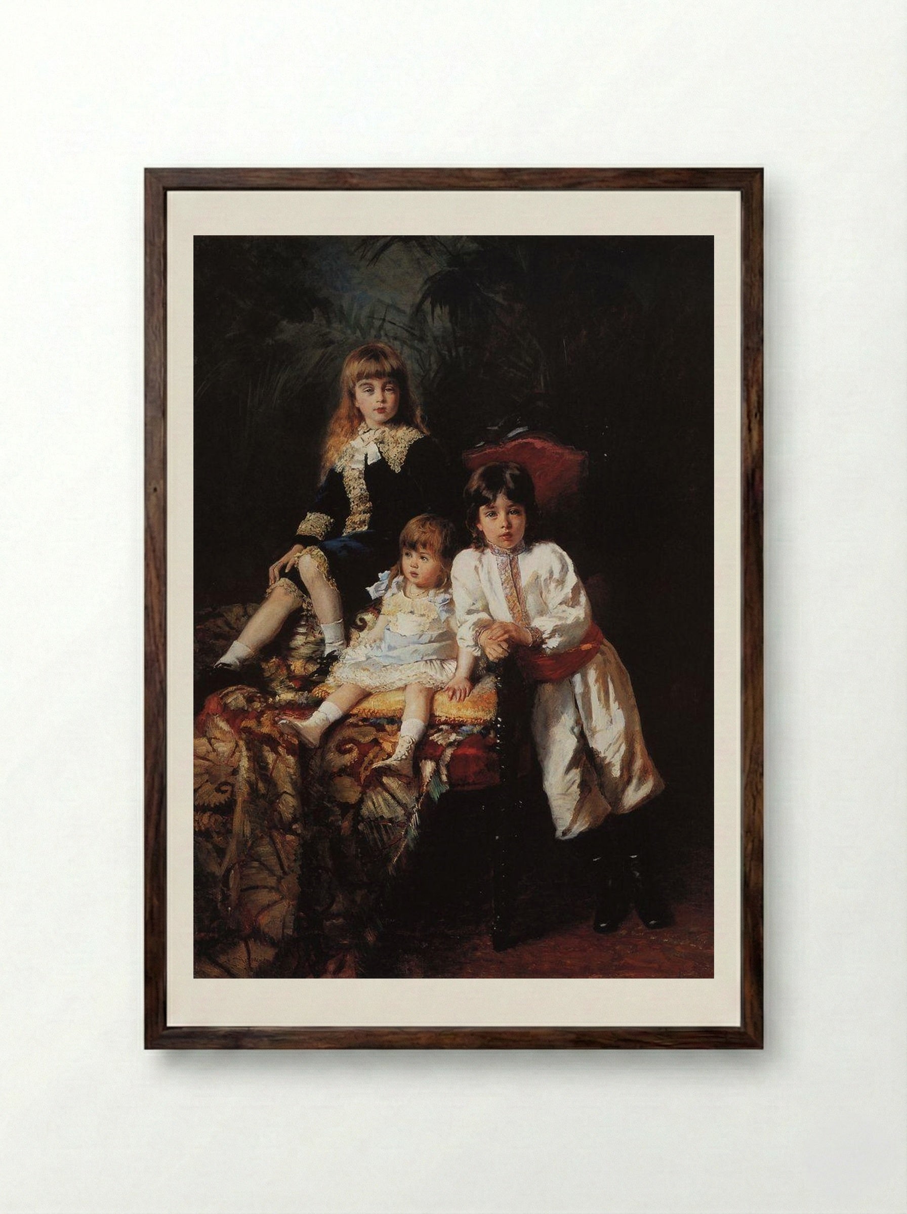 Portrait of the Children of the Artist - Konstantin Makovsky - Framed Print Dark Wood