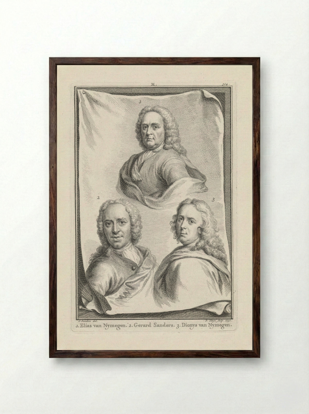 Portraits of Elias van Nymegen, Gerard Sanders, and Dionys van Nymegen - Gerard Sanders - Framed Print Dark Wood
