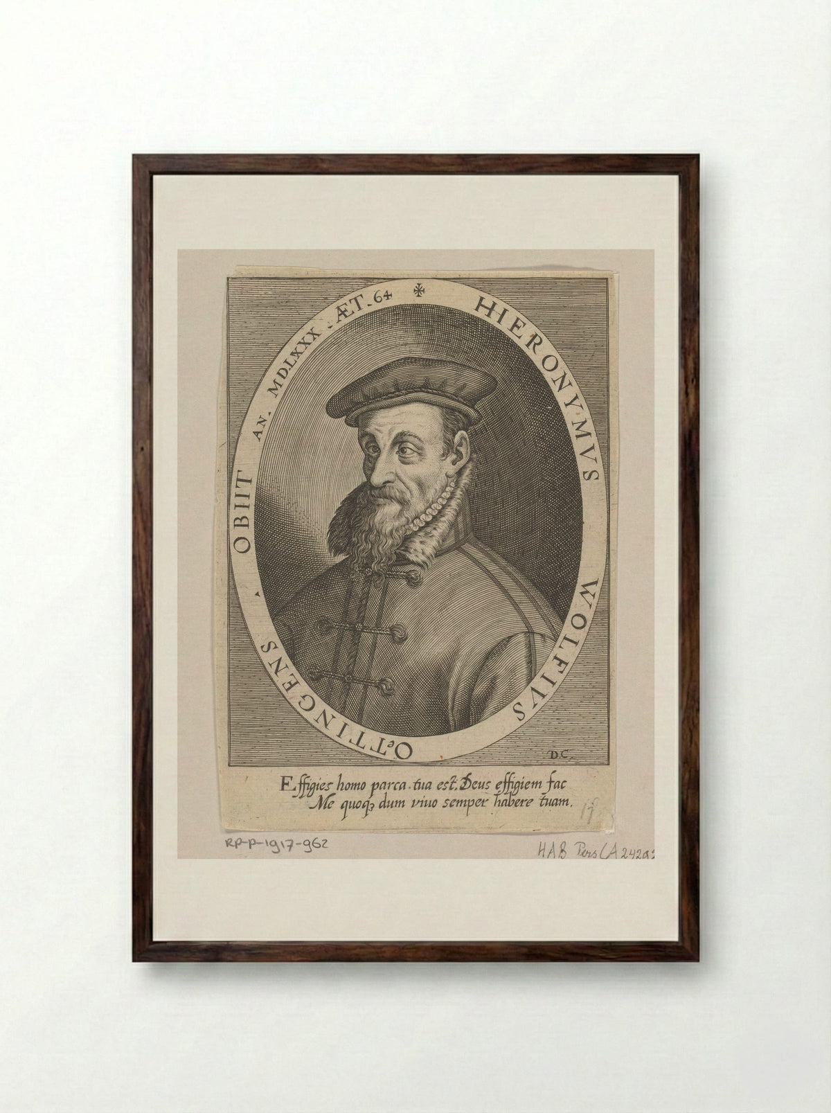 Portret van Hieronymus Wolf op 64-jarige leeftijd - Dominicus Custos - Framed Print Dark Wood