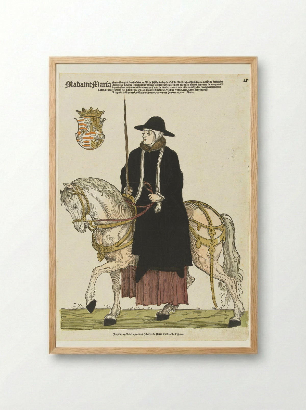 Portret van Maria van Hongarije te paard - Sylvester van Parijs - Framed Print Wood