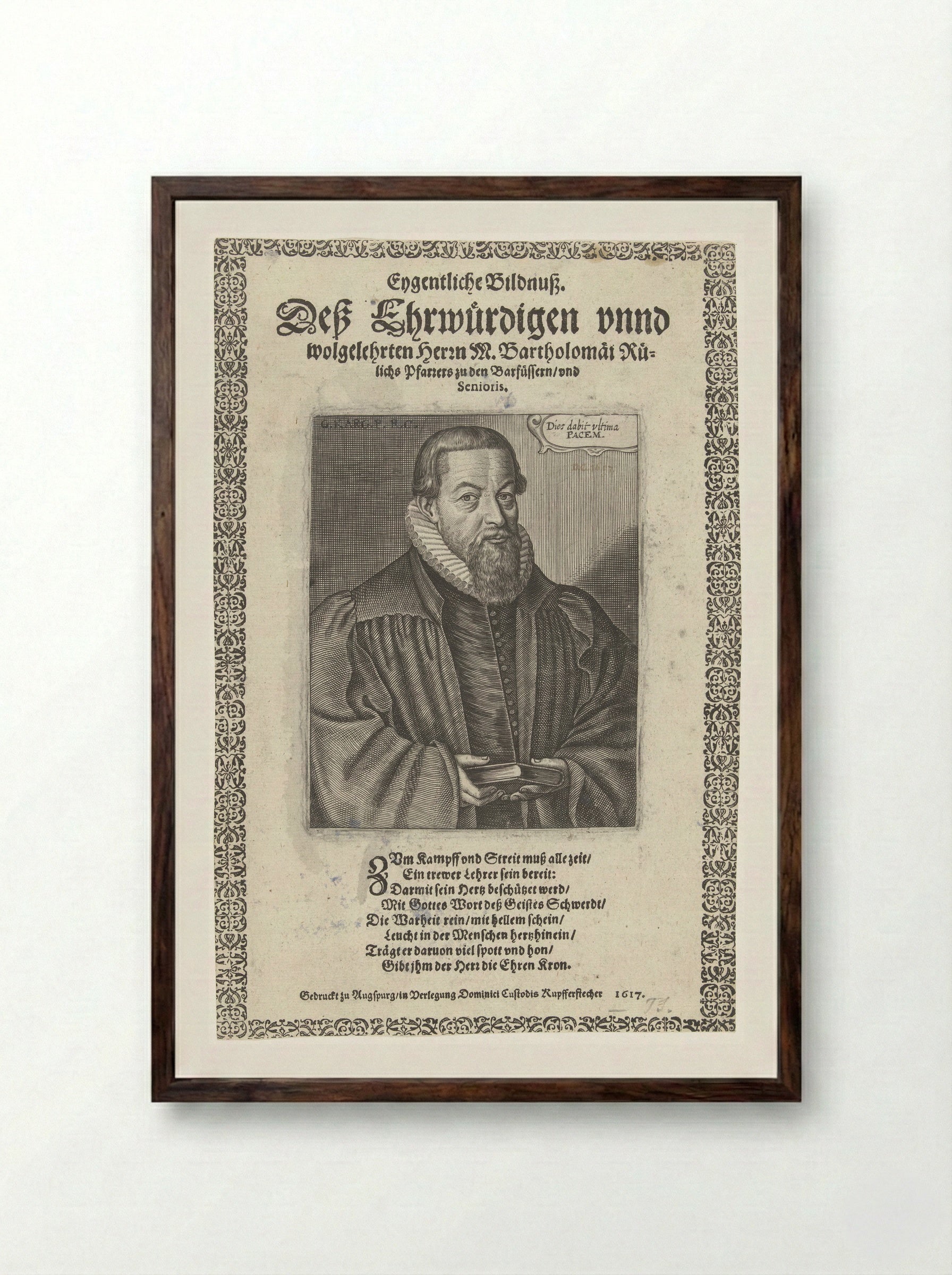 Portret van dominee Bartholomaeus Rülichs - Dominicus Custos - Framed Print Dark Wood