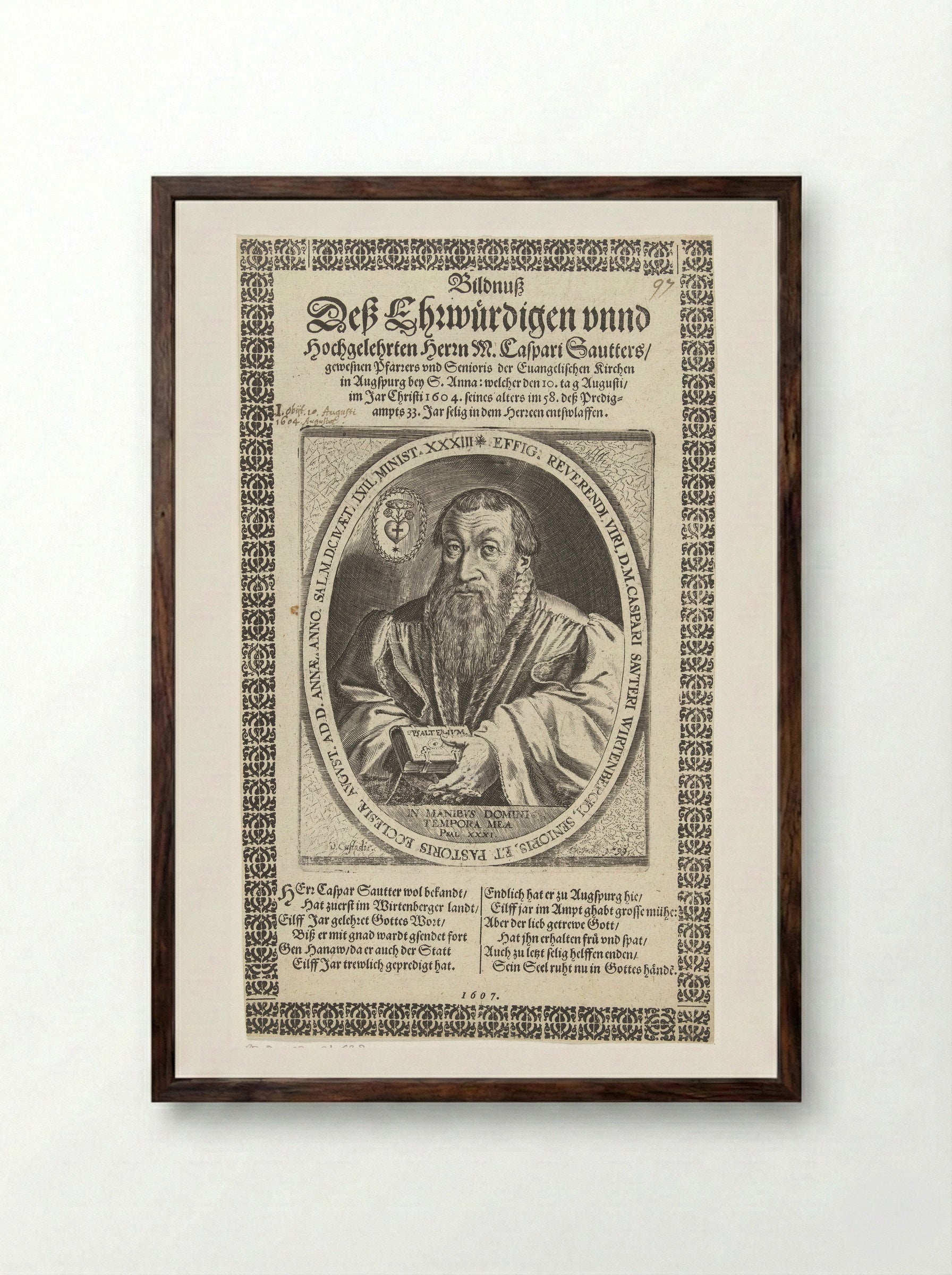 Portret van dominee Kaspar Sautter - Dominicus Custos - Framed Print Dark Wood