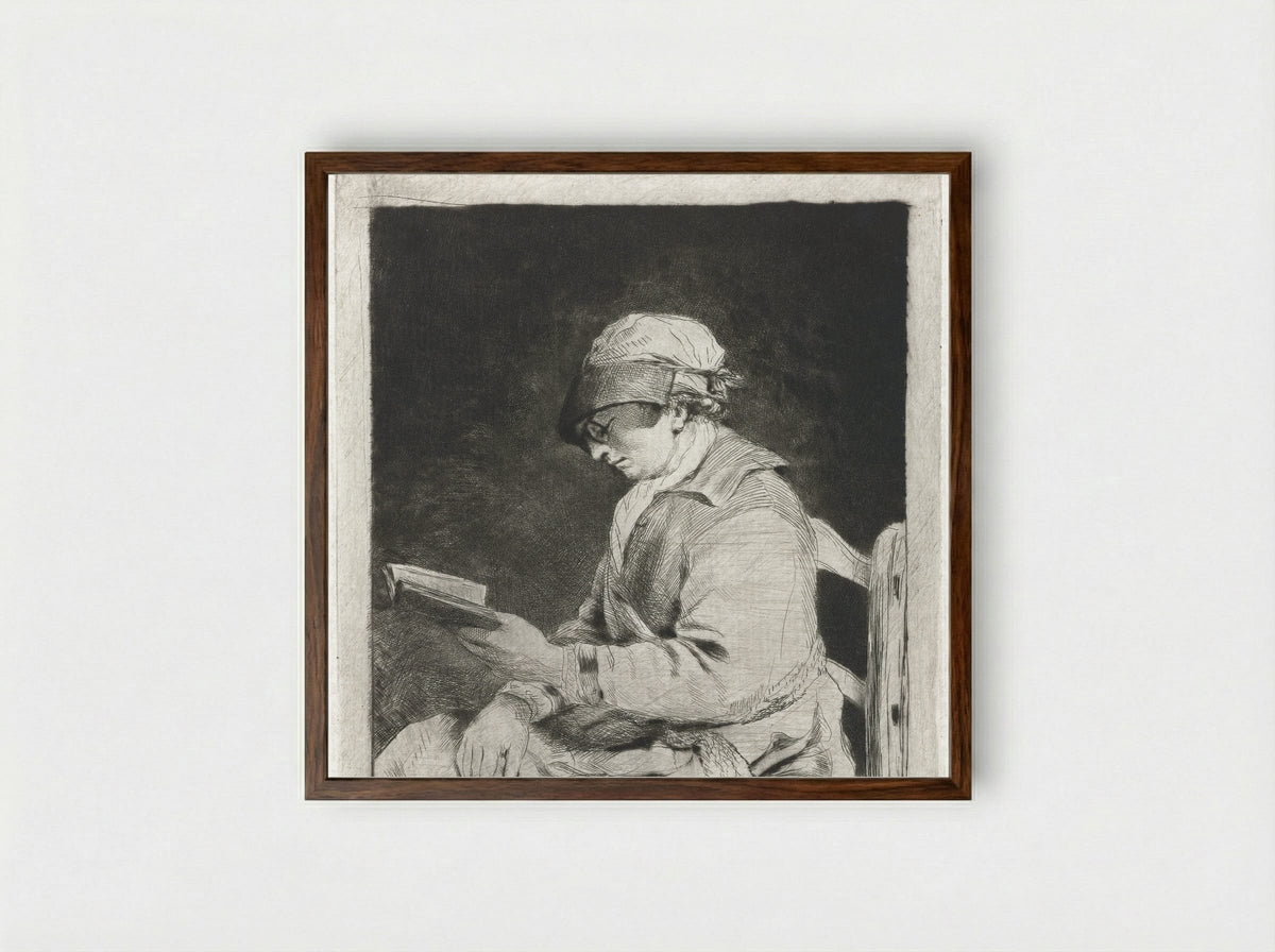 Portret van een lezende man, in profiel naar links - Louis Bernard Coclers - Framed Print Dark Wood