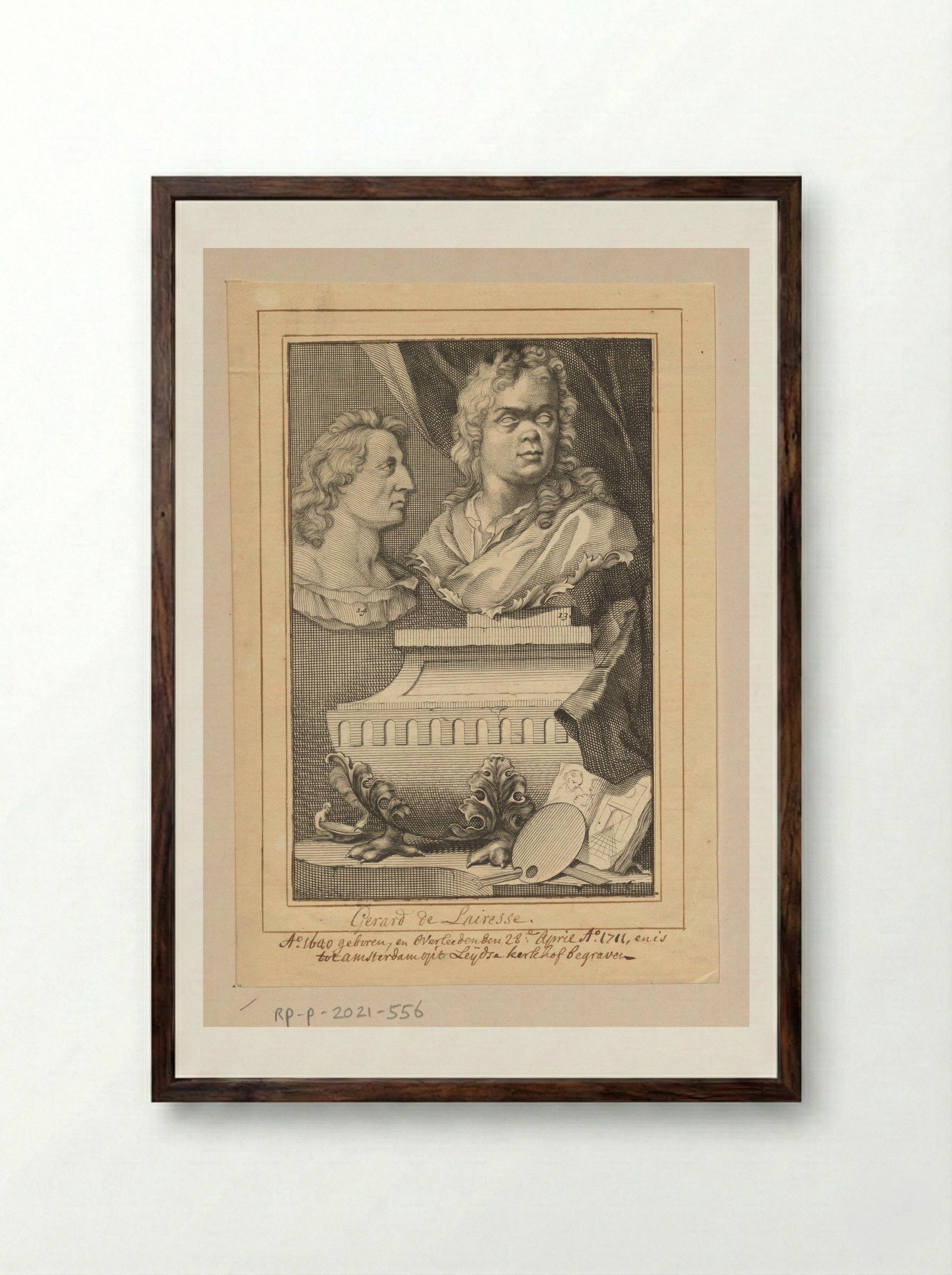 Portretbustes van Gerard de Lairesse en Albert Flamen - Jacob Houbraken - Framed Print Dark Wood