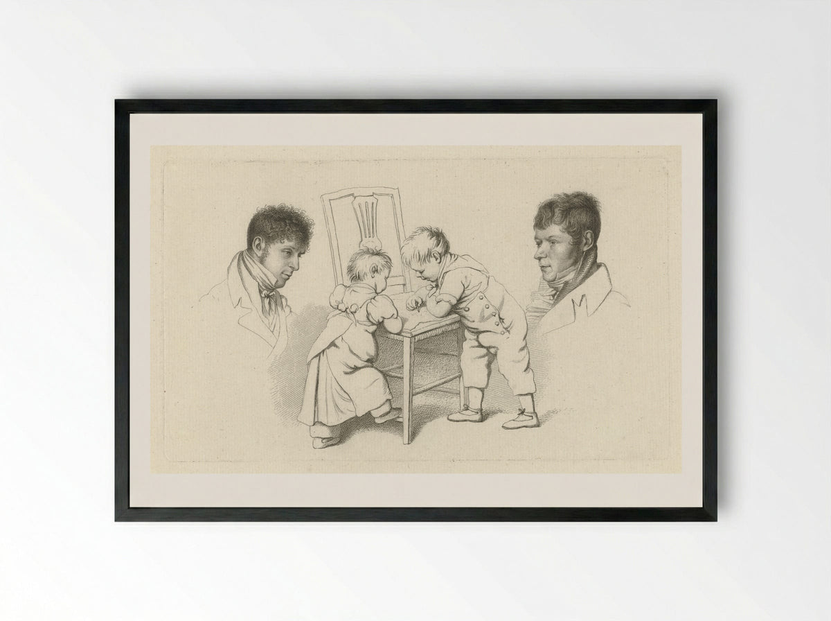 Portretten van Abraham Lion Zeelander en Anthony Oberman en twee tekenende kinderen - Jacob Ernst Marcus - Framed Print Black
