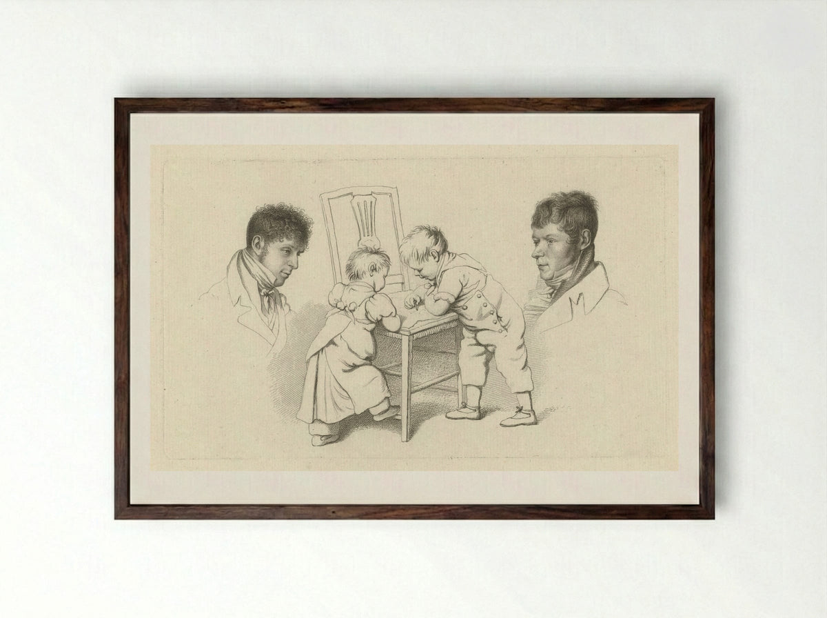 Portretten van Abraham Lion Zeelander en Anthony Oberman en twee tekenende kinderen - Jacob Ernst Marcus - Framed Print Dark Wood