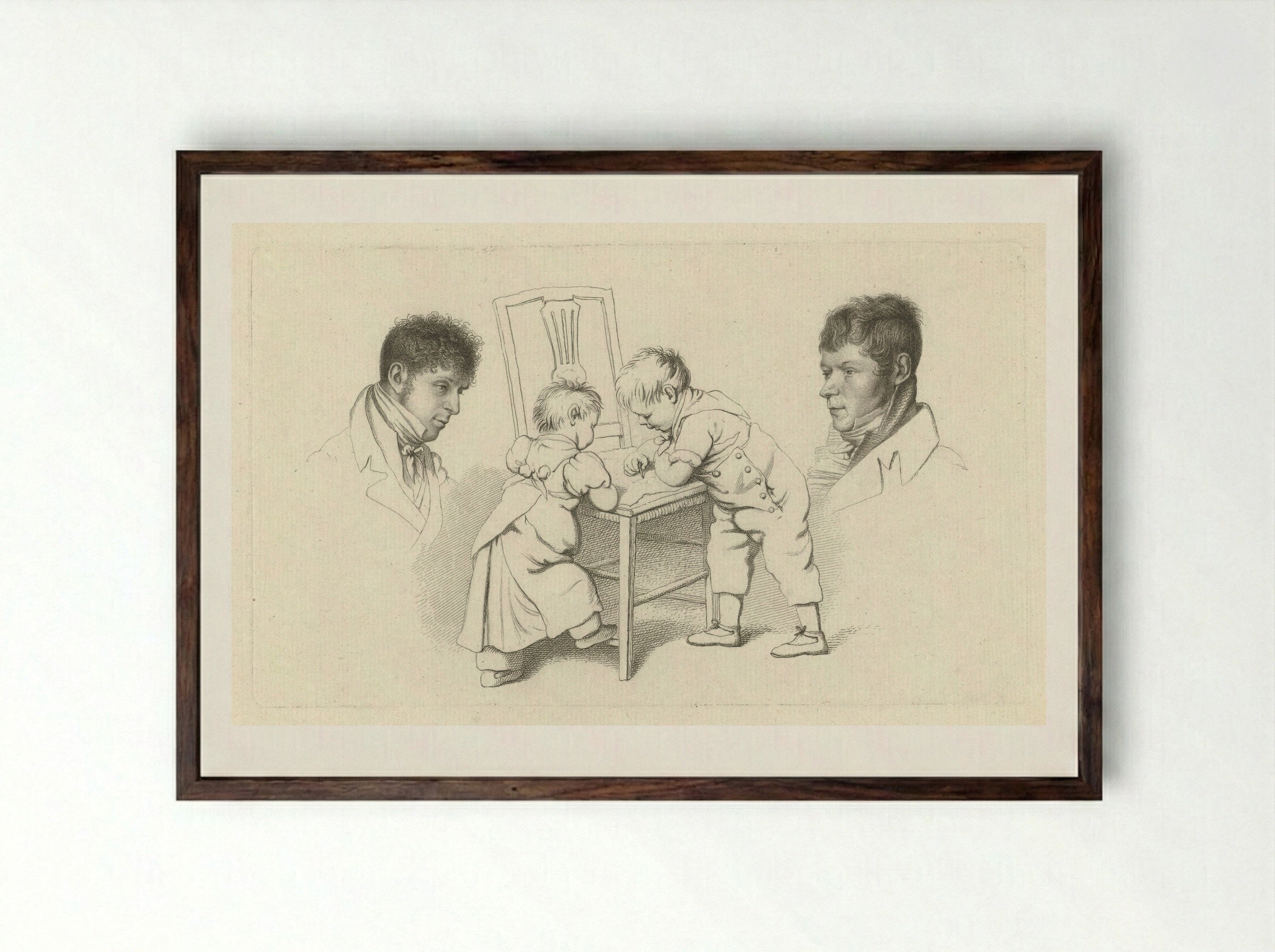 Portretten van Abraham Lion Zeelander en Anthony Oberman en twee tekenende kinderen - Jacob Ernst Marcus - Framed Print Dark Wood