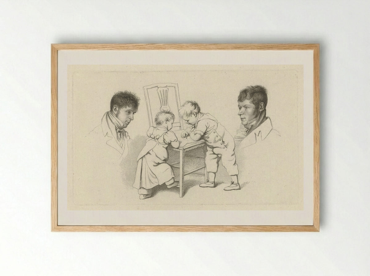 Portretten van Abraham Lion Zeelander en Anthony Oberman en twee tekenende kinderen - Jacob Ernst Marcus - Framed Print Wood