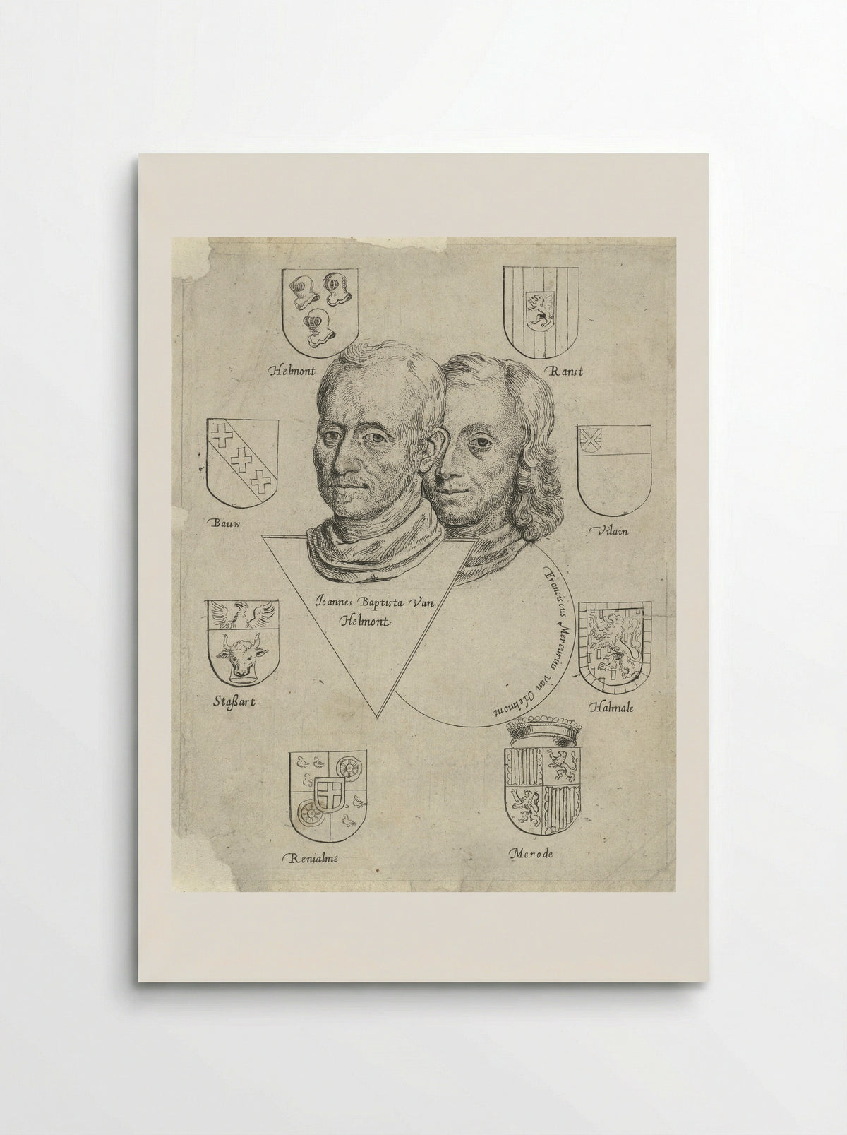 Portretten van Joannes Baptista van Helmont en Franciscus Mercurius van Helmont met acht wapenschilden - Cornelis de Man - Poster