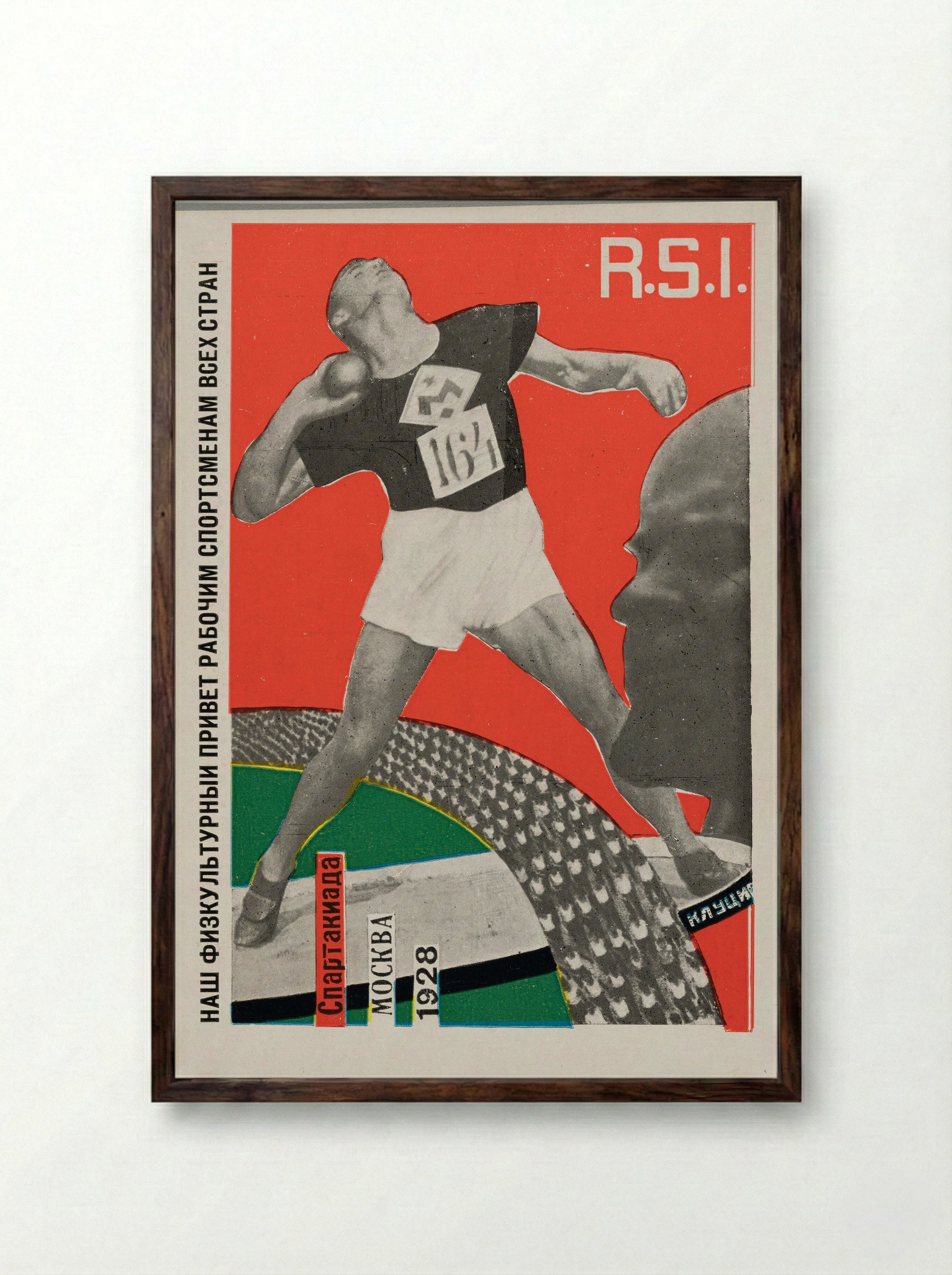 Postcard for Spartakiada, Moscow 1928 (Shot put) - Gustavs Klucis - Framed Print Dark Wood