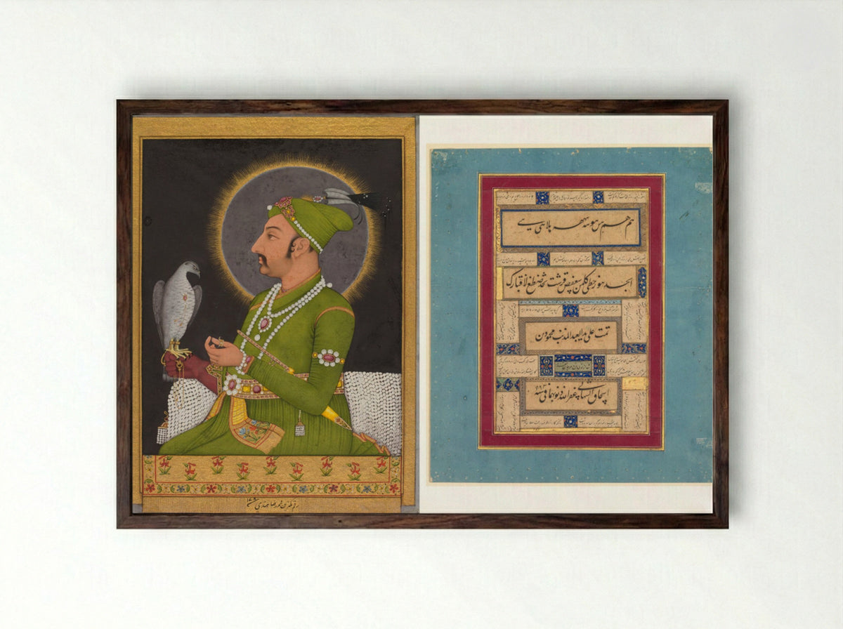 Posthumous portrait of the Mughal emperor Muhammad Shah holding a falcon - Muhammad Rizavi Hindi - Framed Print Dark Wood