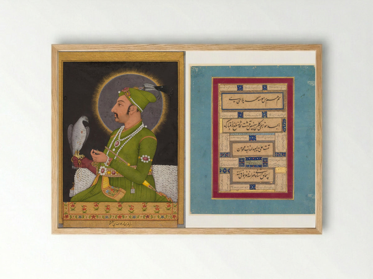Posthumous portrait of the Mughal emperor Muhammad Shah holding a falcon - Muhammad Rizavi Hindi - Framed Print Wood