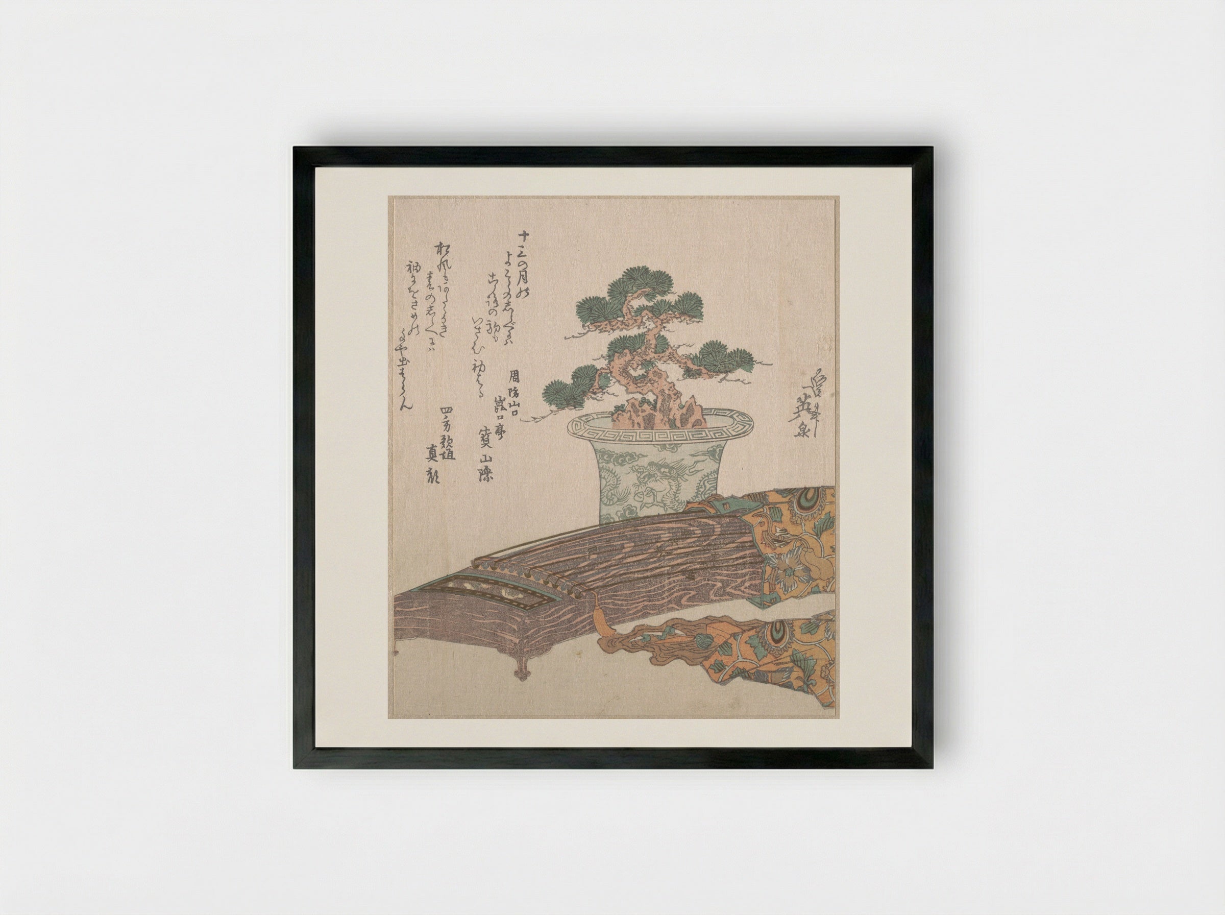 Potted Pine Tree and Koto (Japanese Harp) - Keisai Eisen - Framed Print Black