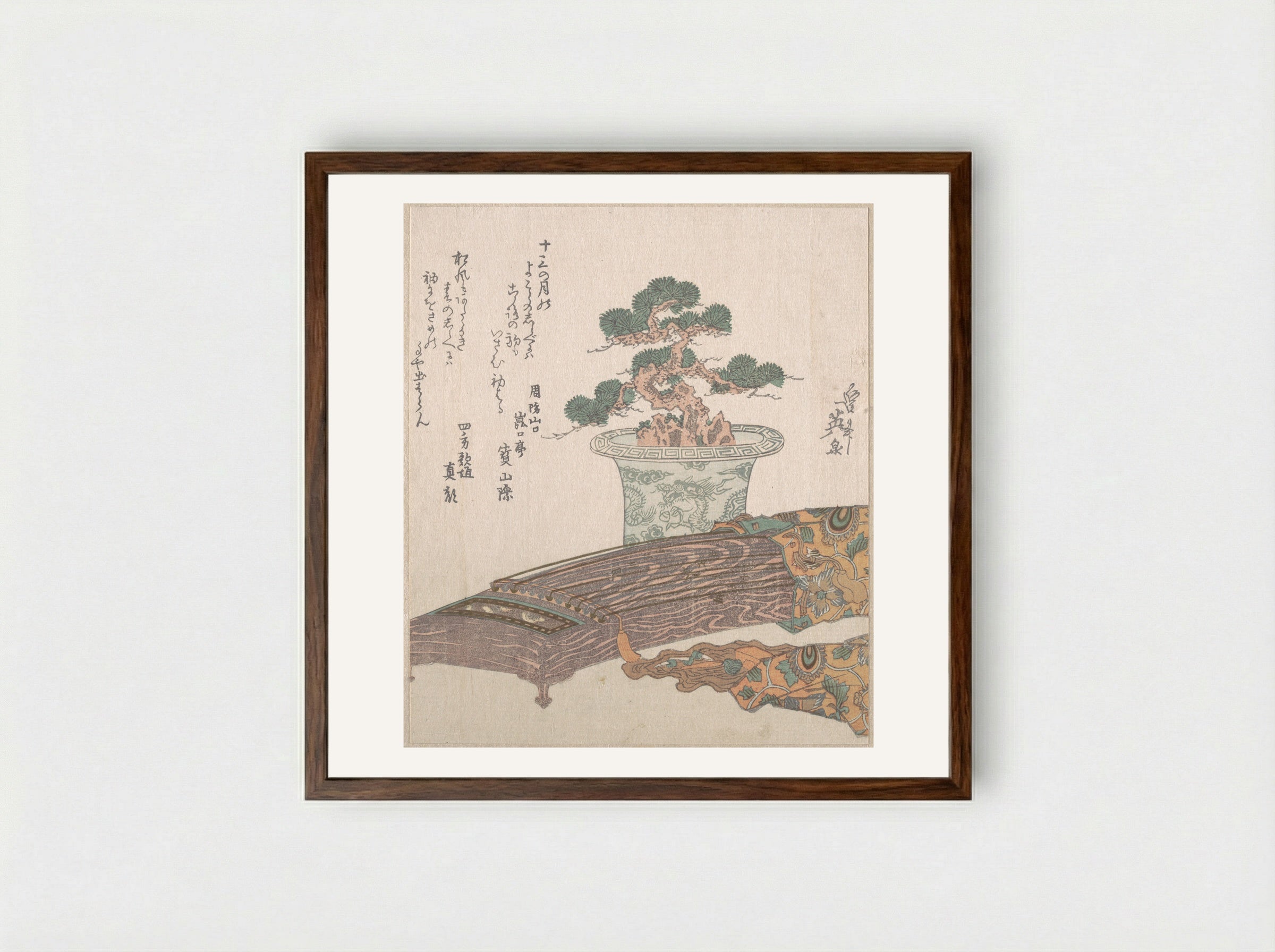 Potted Pine Tree and Koto (Japanese Harp) - Keisai Eisen - Framed Print Dark Wood