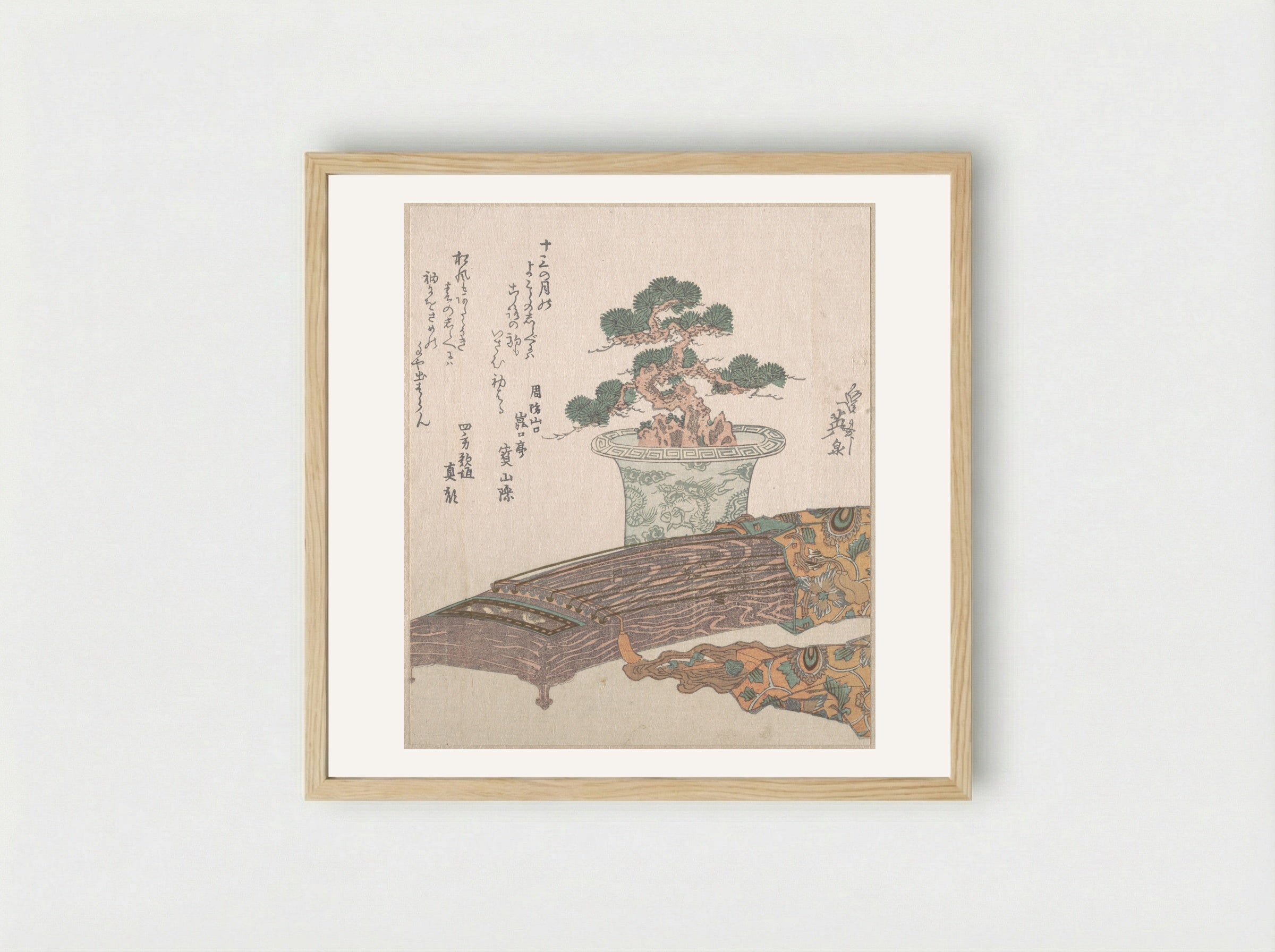 Potted Pine Tree and Koto (Japanese Harp) - Keisai Eisen - Framed Print Wood