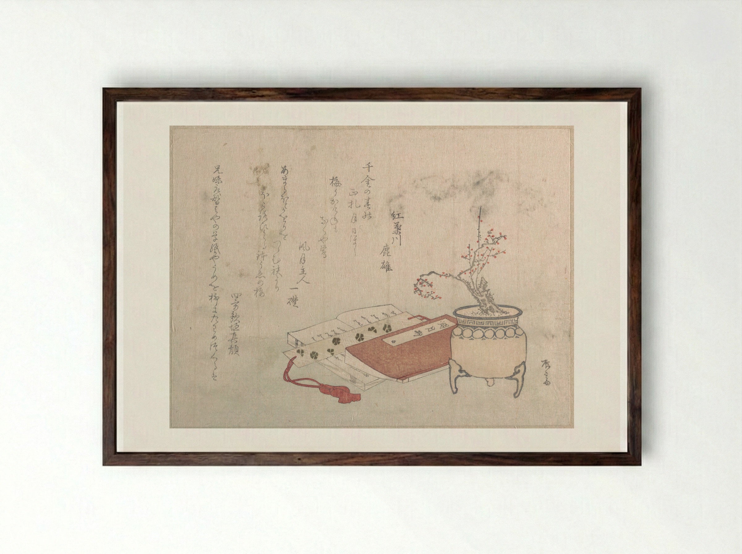 Potted Plum Tree in Blossom and Books - Ryūryūkyo Shinsai - Framed Print Dark Wood