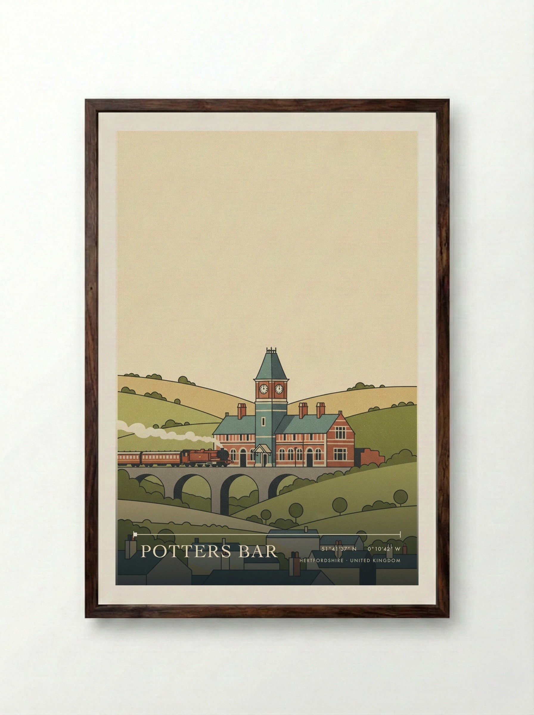 Potters Bar Hertfordshire United Kingdom Travel Poster - Framed Print Dark Wood