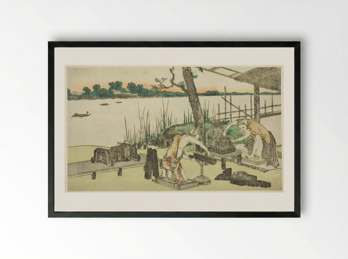 Potters at Work - Imado - Katsushika Hokusai - Framed Print Black