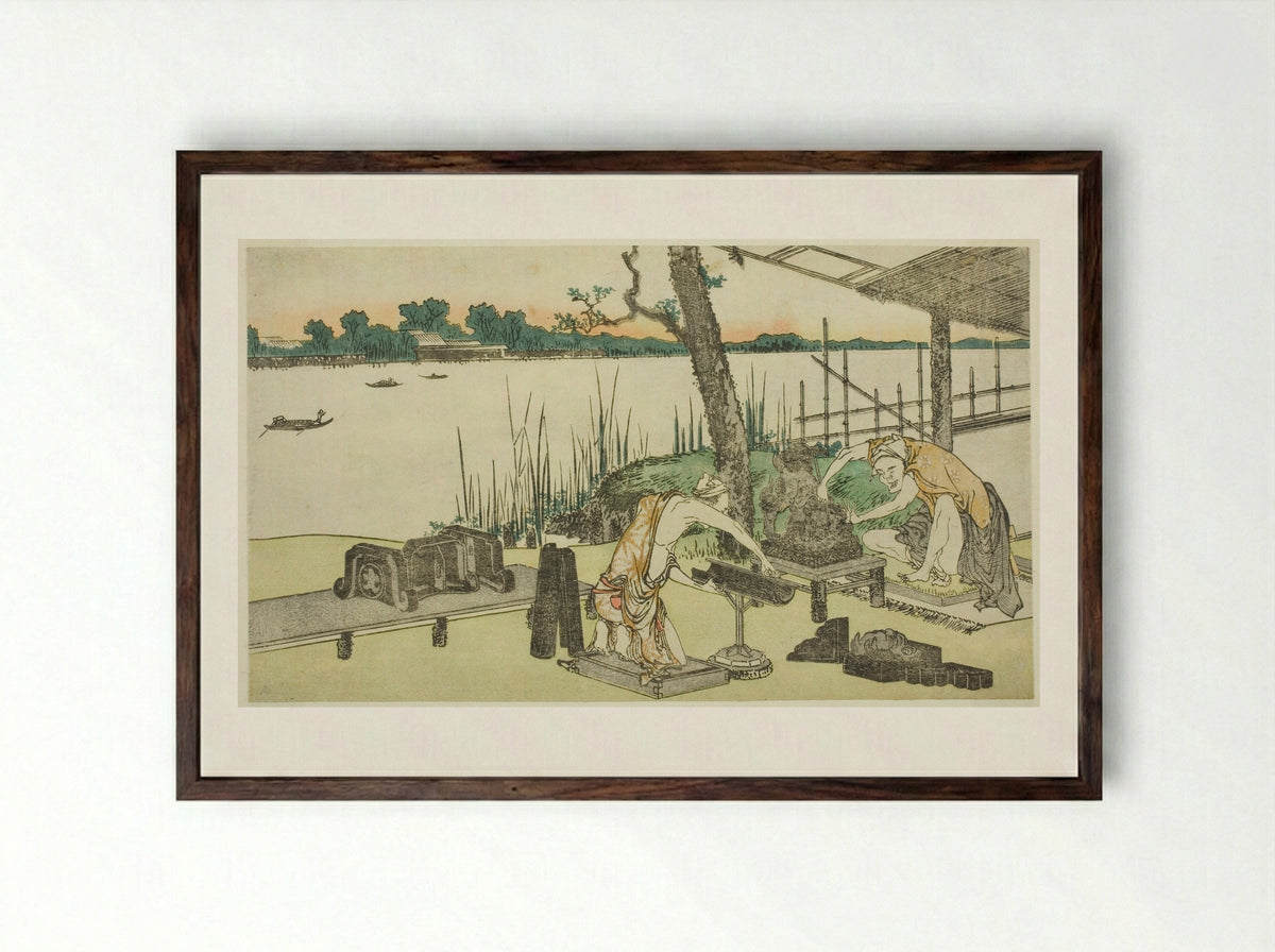 Potters at Work - Imado - Katsushika Hokusai - Framed Print Dark Wood