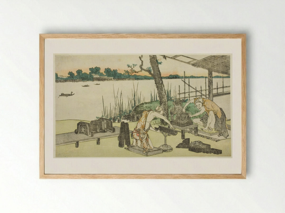 Potters at Work - Imado - Katsushika Hokusai - Framed Print Wood